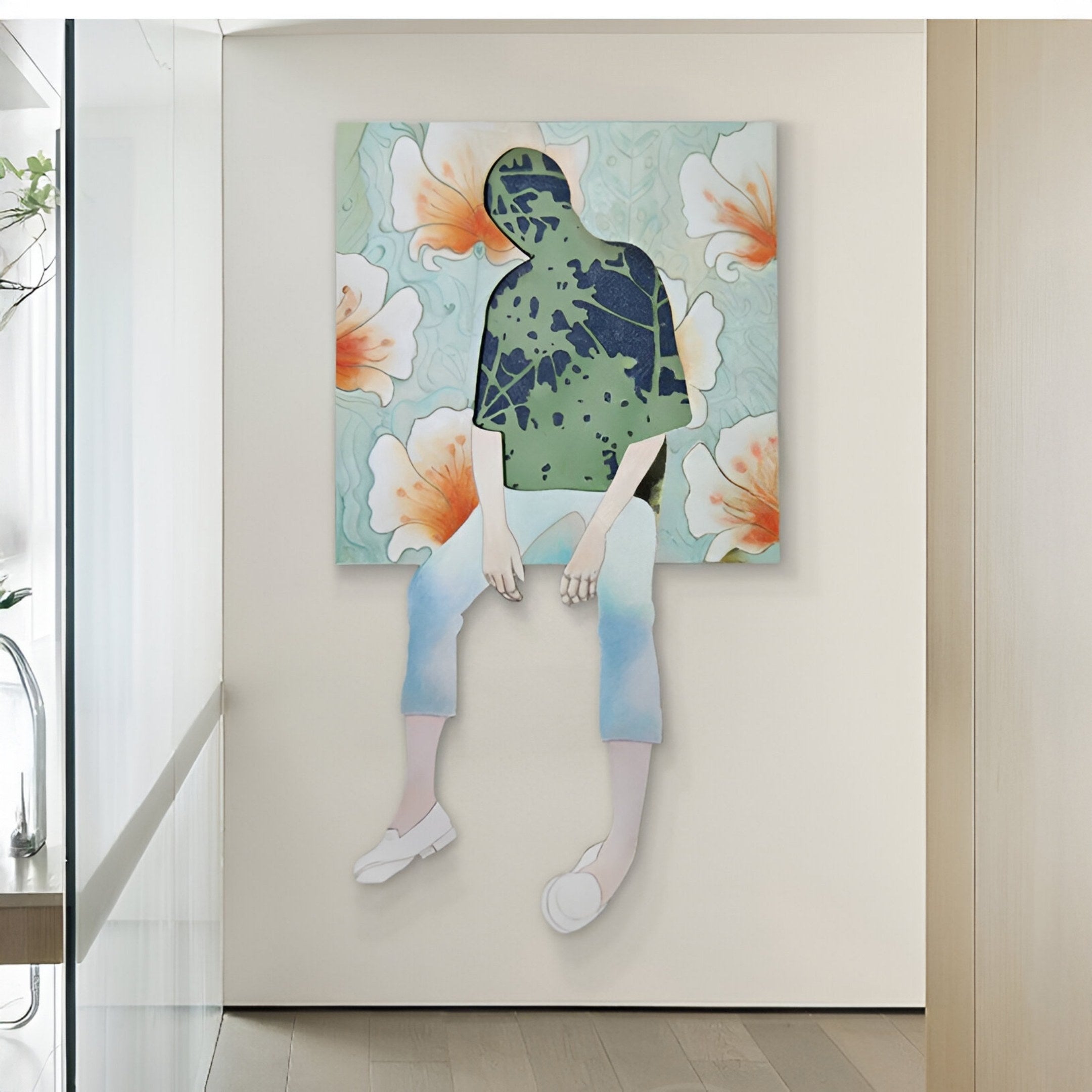 The Florivane Green Silhouette & Floral Backdrop 3D Wall Art by Giant Sculptures features a flat, abstract figure with a green face and blue pants extending below the canvas, set against a floral backdrop for modern interiors.