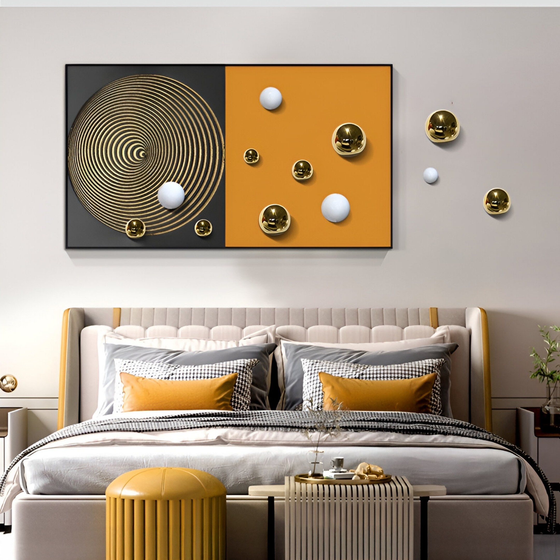 Modern bedroom featuring Giant Sculptures’ Spherium Gold & White Orb Dual-Tone Panel 3D Wall Art above the bed, accented with decorative pillows and gold and white spherical touches for a chic gray and yellow interior.