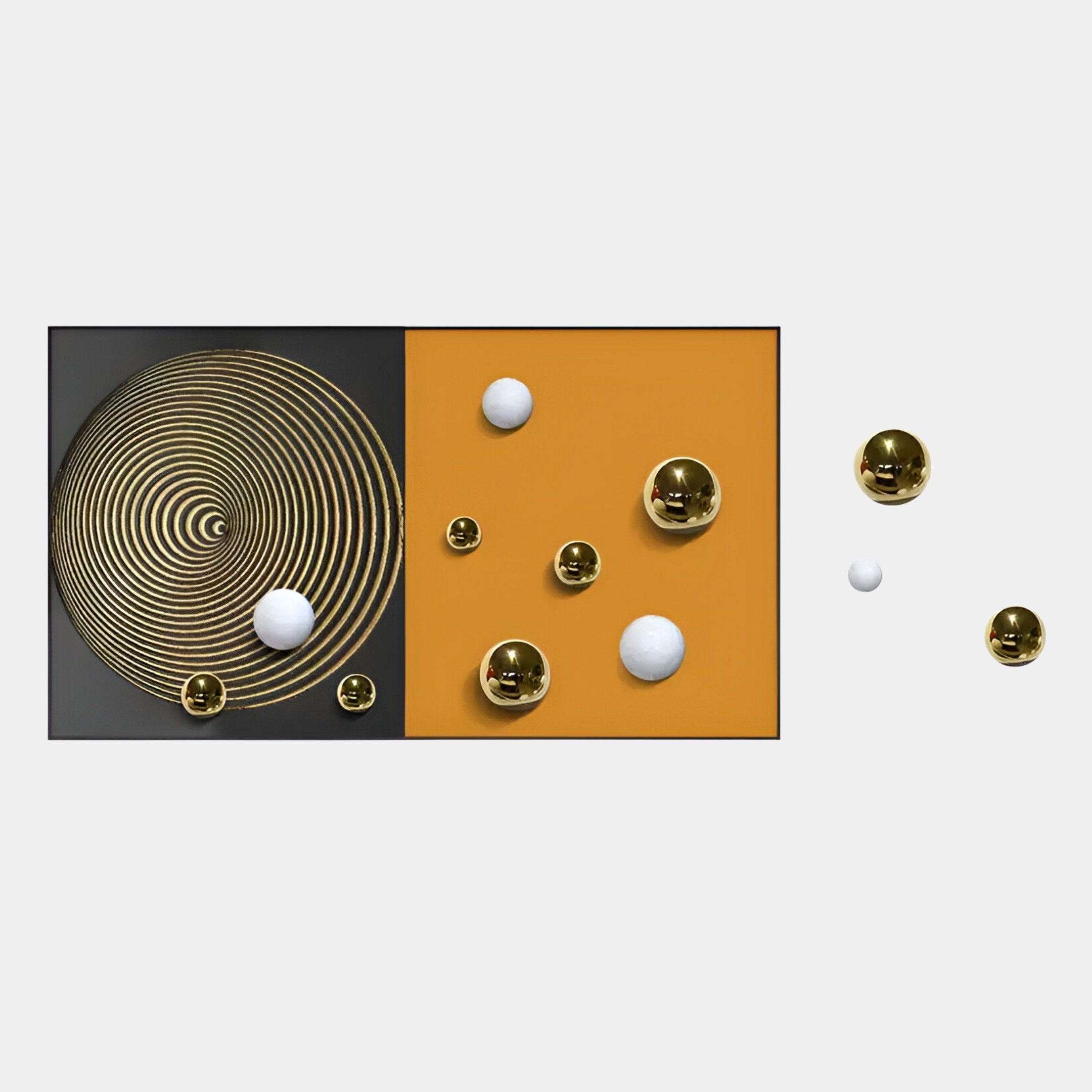 The Spherium Gold & White Orb Dual-Tone Panel 3D Wall Art by Giant Sculptures features black and gold spirals with floating gold and white spheres on a vivid orange background—ideal for modern interiors.