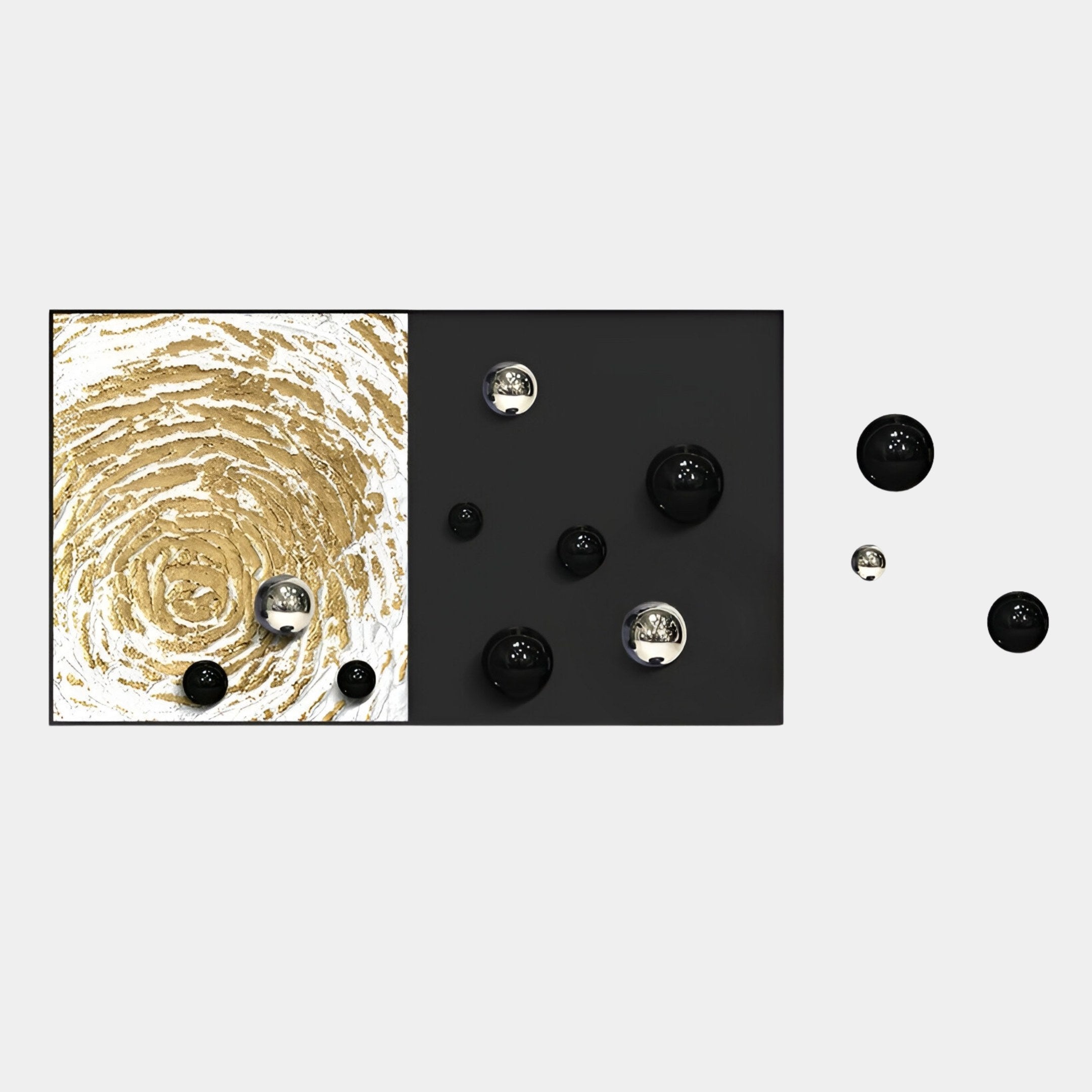 Giant Sculptures’ Spherium Black & Silver Orb Dual-Tone Panel 3D Wall Art features a gold and white fingerprint pattern on the left, solid black on the right, with silver and black spheres extending beyond the panel onto a white background.