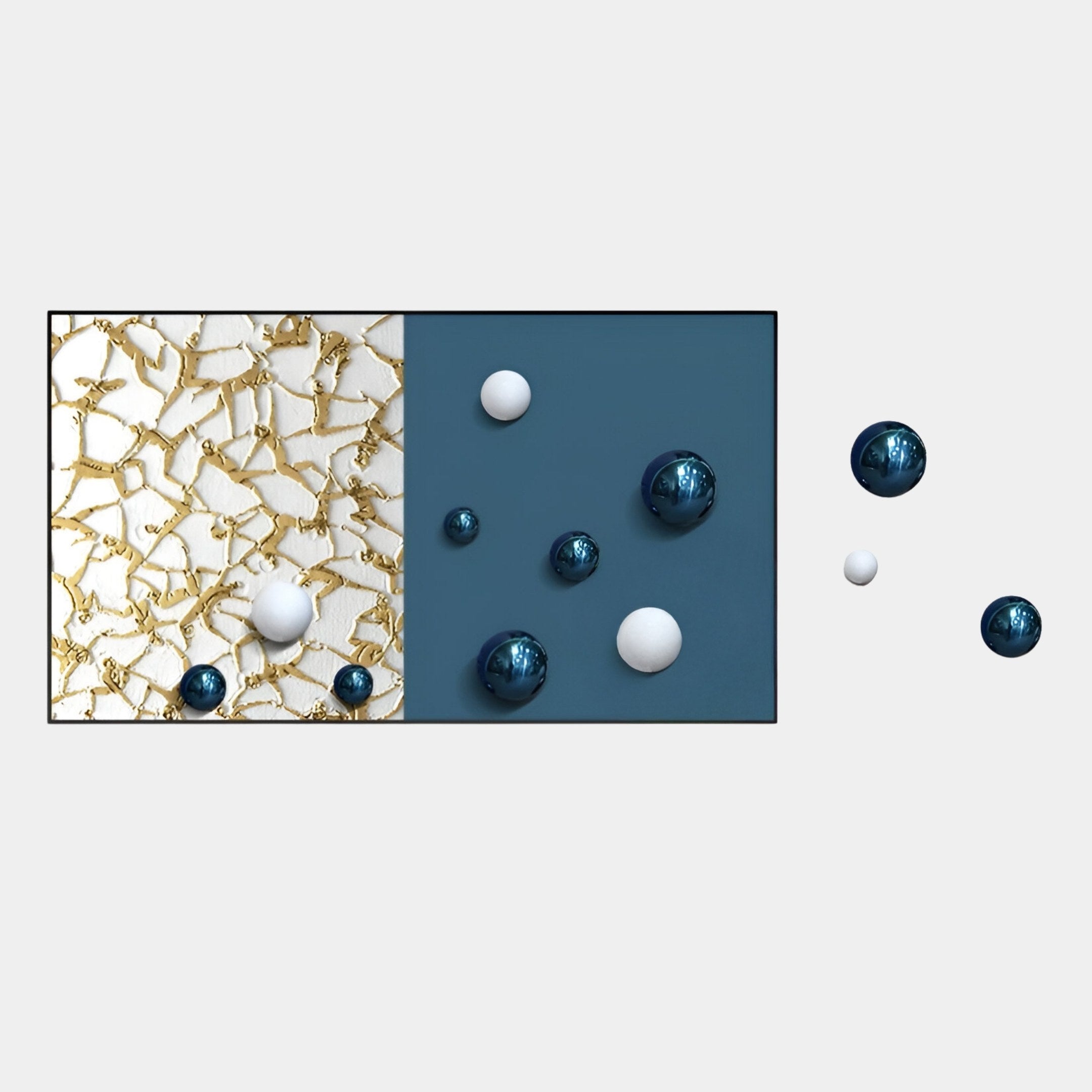The Spherium Blue & White Orb Dual-Tone Panel 3D Wall Art by Giant Sculptures features a rectangular design split between a gold and white textured left side and blue-and-white spheres on a blue background extending beyond the frame.