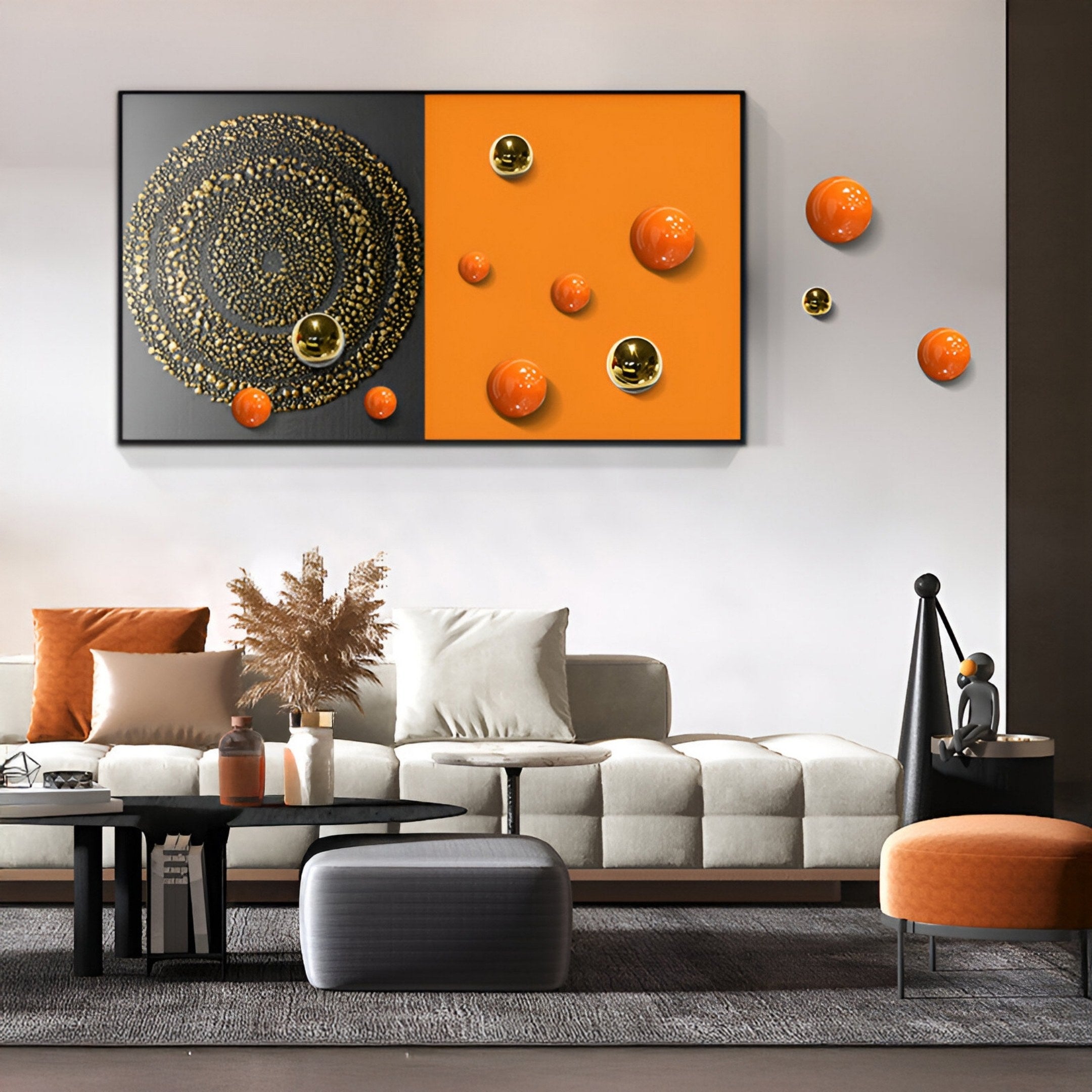 A modern living room features a beige sofa with orange and white cushions, a round orange seat, and Giant Sculptures’ Spherium Orange & Gold Orb Dual-Tone Panel 3D Wall Art above the sofa for bold, modern decor.