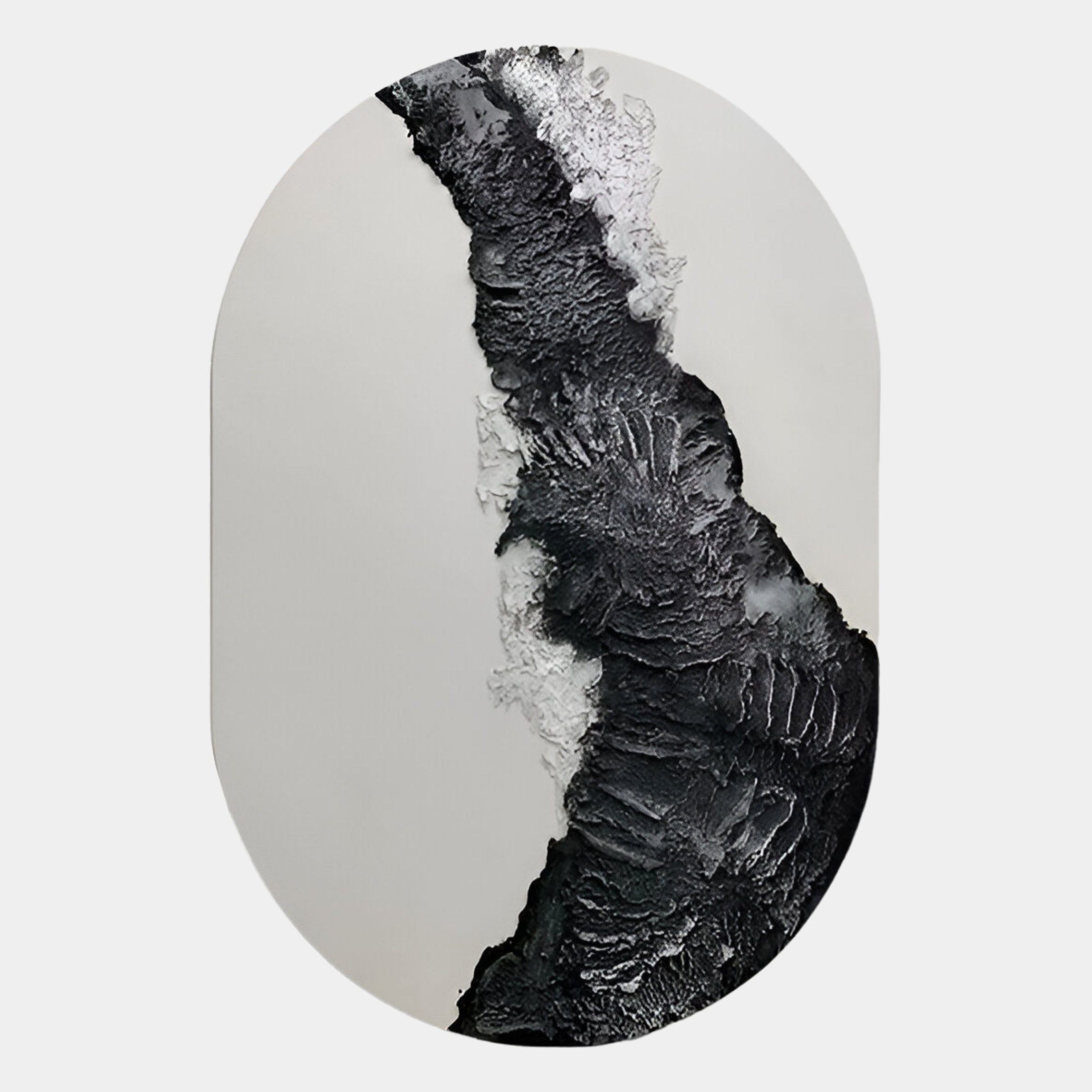 The Orrica Silver & Black Textured Relief 3D Wall Art by Giant Sculptures features a vertical black and gray streak with white accents on an oval canvas, adding depth and modern style to interiors.