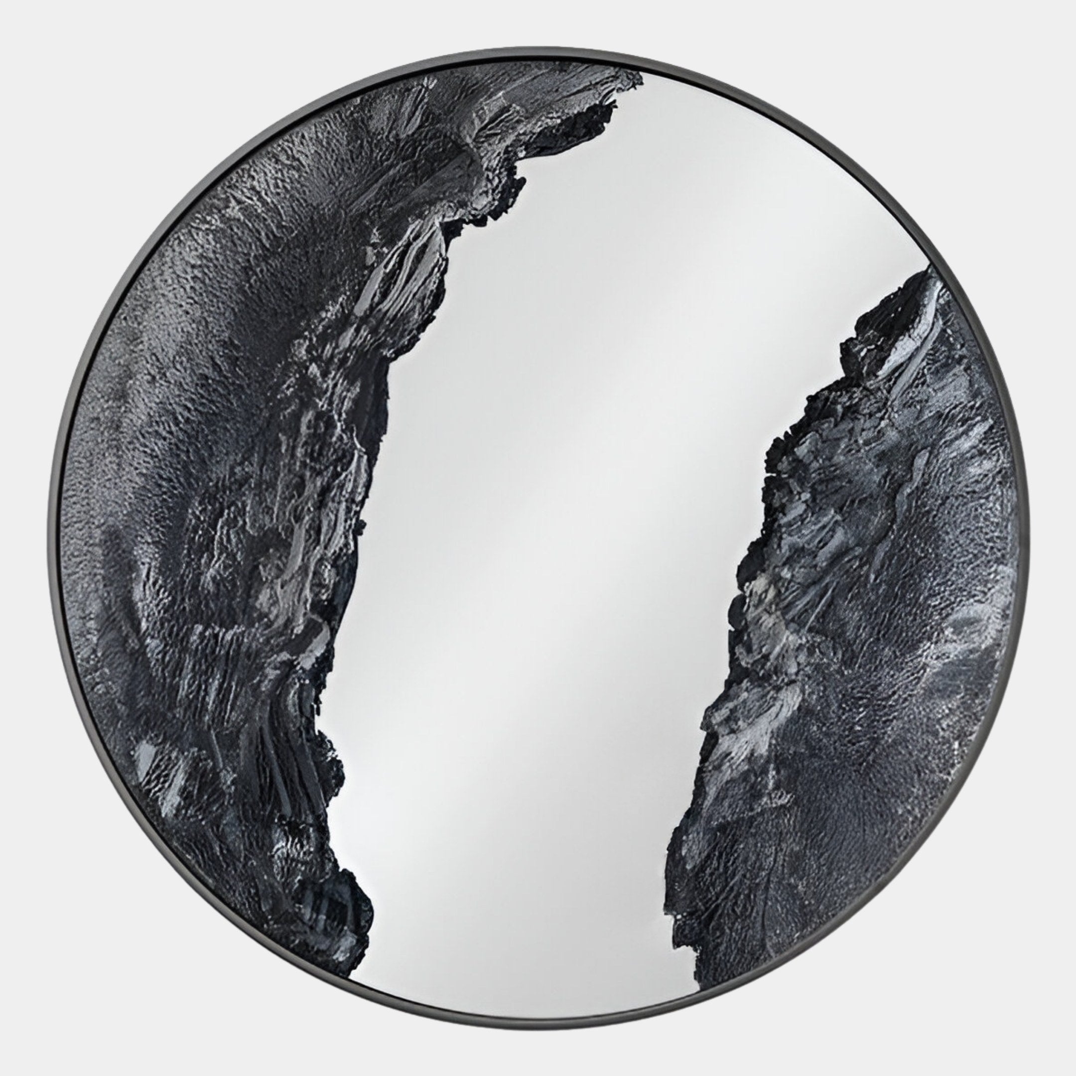The Erosian Charcoal Rift Textured Round Mirror 3D Wall Art by Giant Sculptures features abstract dark gray and black patterns on each side, leaving the center clear for a striking, sculptural wall statement.