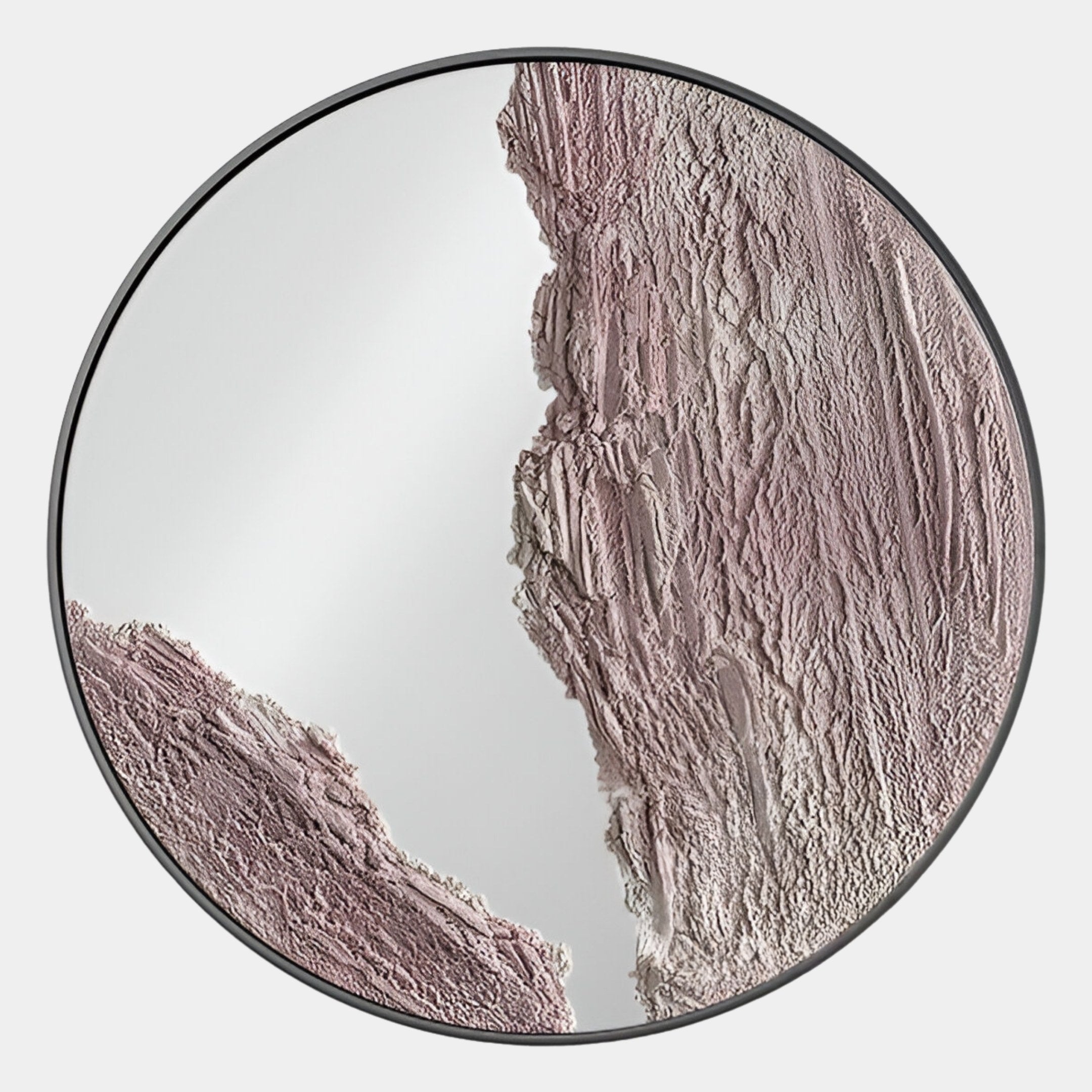 The Erosian Blush Vein Textured Round Mirror 3D Wall Art by Giant Sculptures features a unique pinkish-beige, powder-like textured surface, resembling makeup or paint, perfect as a statement piece against any white background.