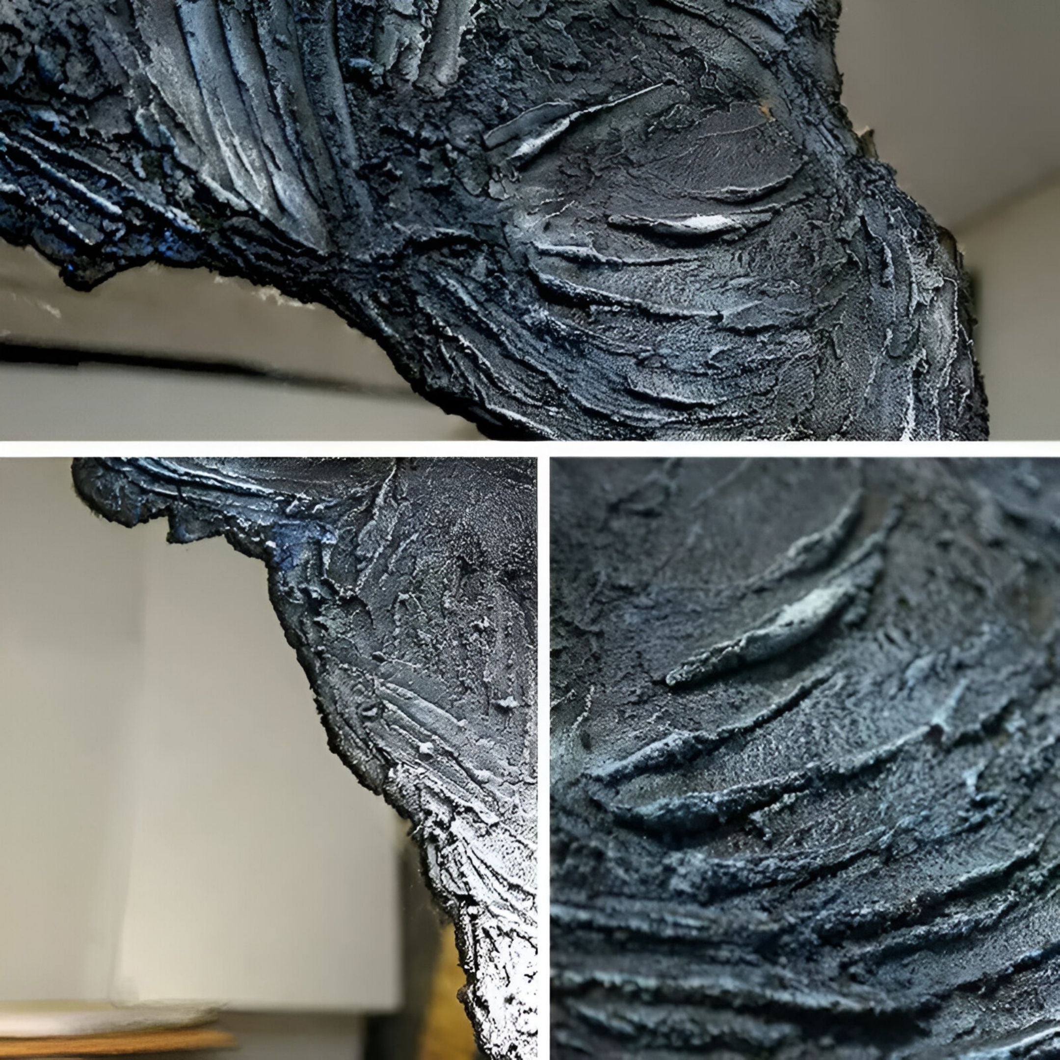 Collage of three close-ups shows the textured, dark metallic surface with ridges and grooves of the Erosian Midnight Stream Textured Round Mirror 3D Wall Art by Giant Sculptures, featuring rough layers and reflective highlights.