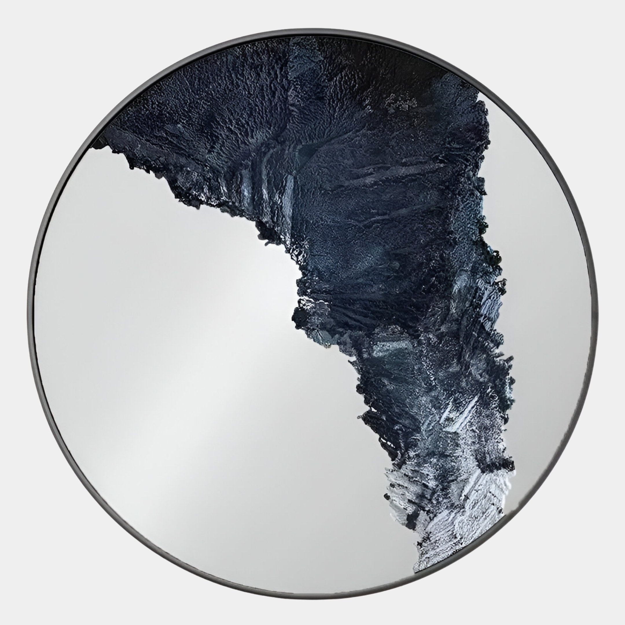 The Erosian Midnight Stream Textured Round Mirror 3D Wall Art by Giant Sculptures features an abstract dark blue and black design in the upper right, creating a striking, organic 3D effect for any room.