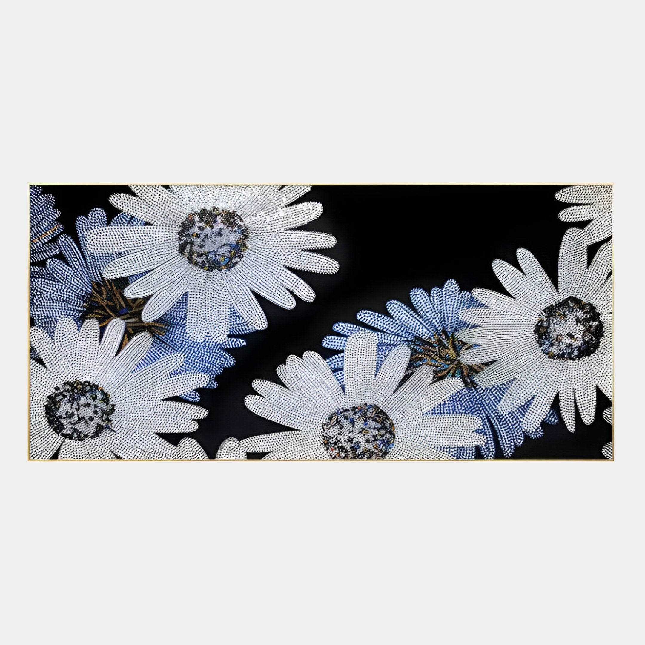 Floravida White & Blue Crystal Daisy Floral 3D Wall Art by Giant Sculptures features striking white daisies with black dotted details on a dark blue background, perfect for adding a modern touch to your decor.