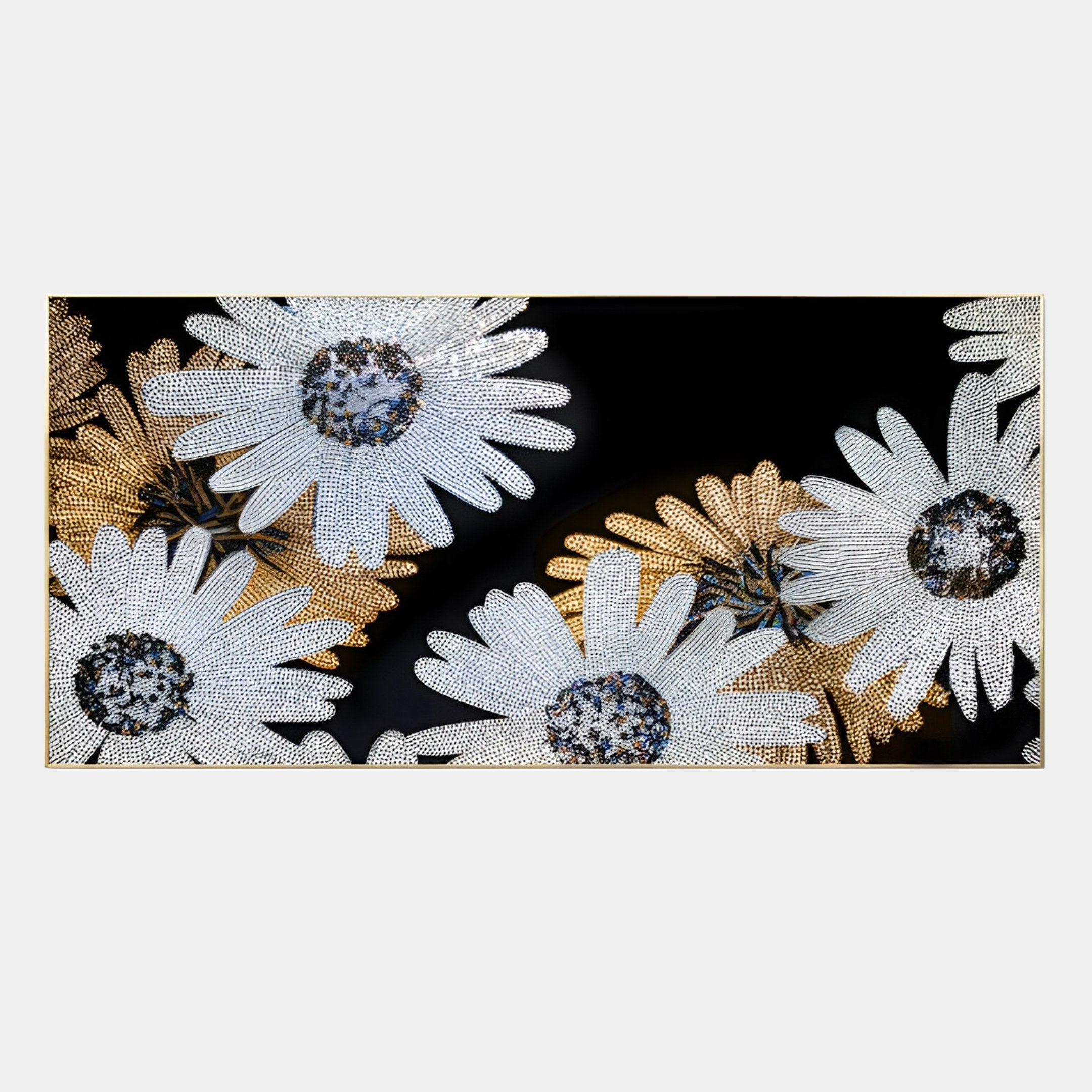The Floravida White & Gold Crystal Daisy Floral 3D Wall Art by Giant Sculptures features beaded white daisies with detailed centers on a black background accented with soft gold—ideal for modern interior decor.