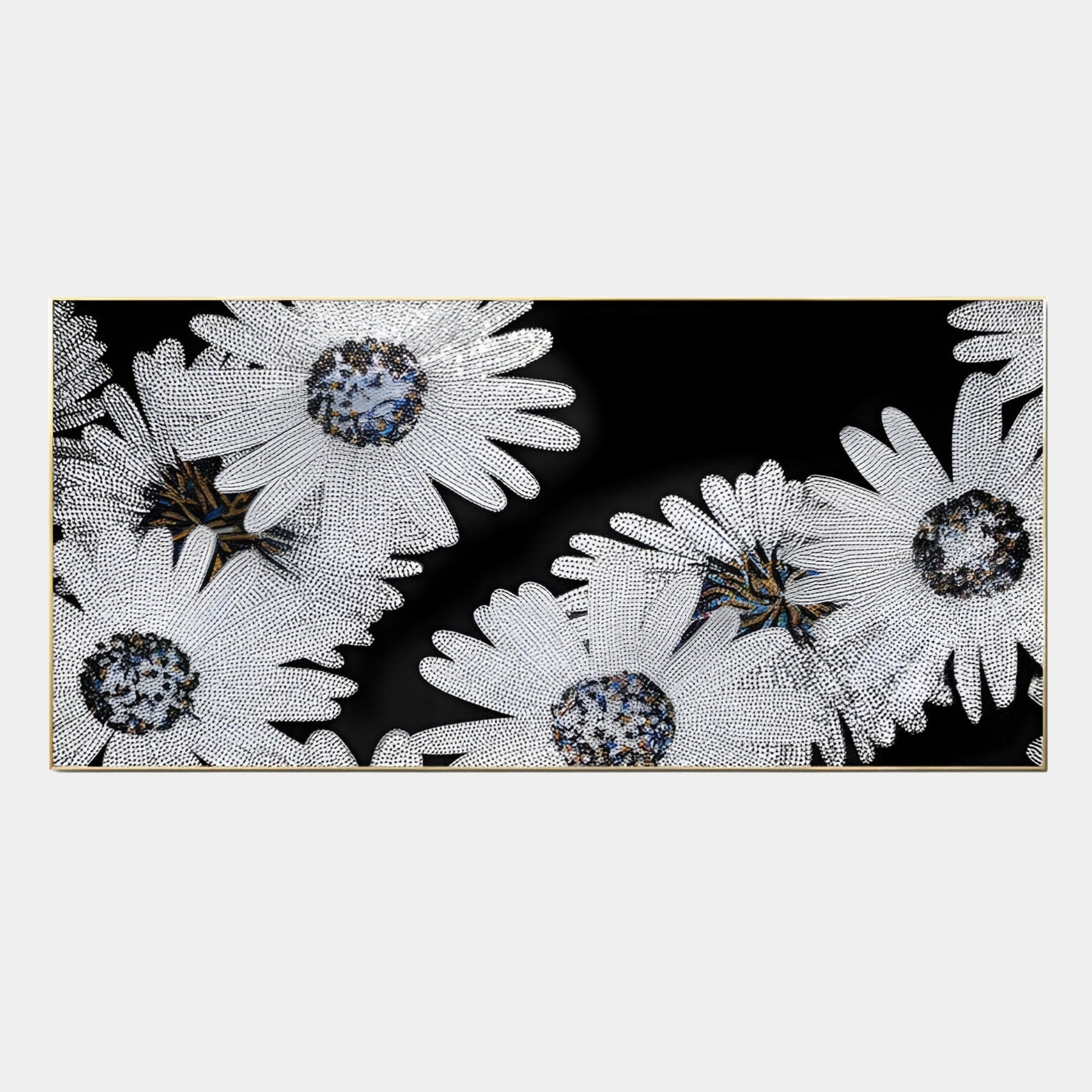 Floravida Pure White Crystal Daisy Floral 3D Wall Art by Giant Sculptures features large white daisies with intricate dotted petals and dark centers on a black background—ideal as striking modern wall decor.
