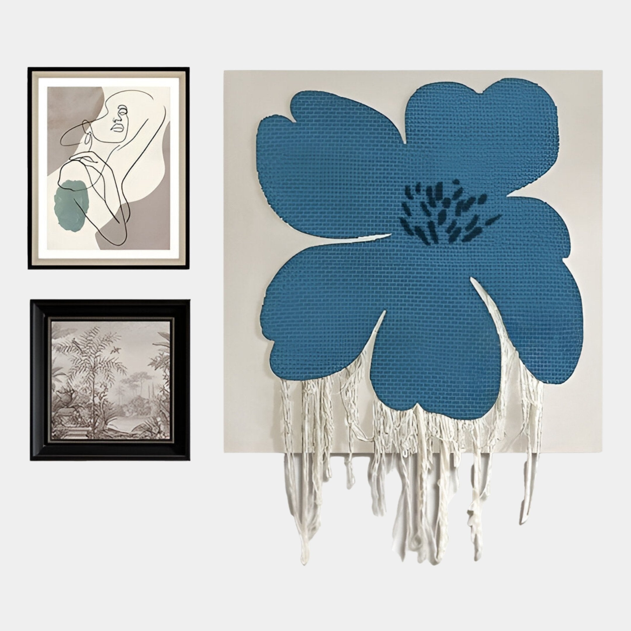 The Florayne 3-Set Blue Woven Textured 3D Wall Art by Giant Sculptures features a large blue abstract floral piece, a minimalist line portrait in neutral tones, and a black-and-white framed landscape with trees and wildlife.