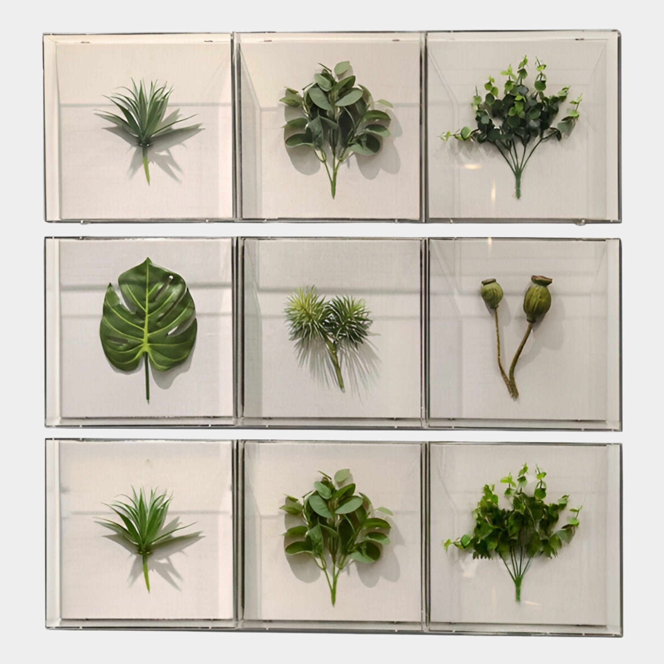 The Florvara Botanical Leaves 9-Panel Acrylic 3D Wall Art by Giant Sculptures features nine distinct faux green leaves in clear shadow boxes, arranged in a 3x3 grid—ideal for striking, modern Nordic wall décor.