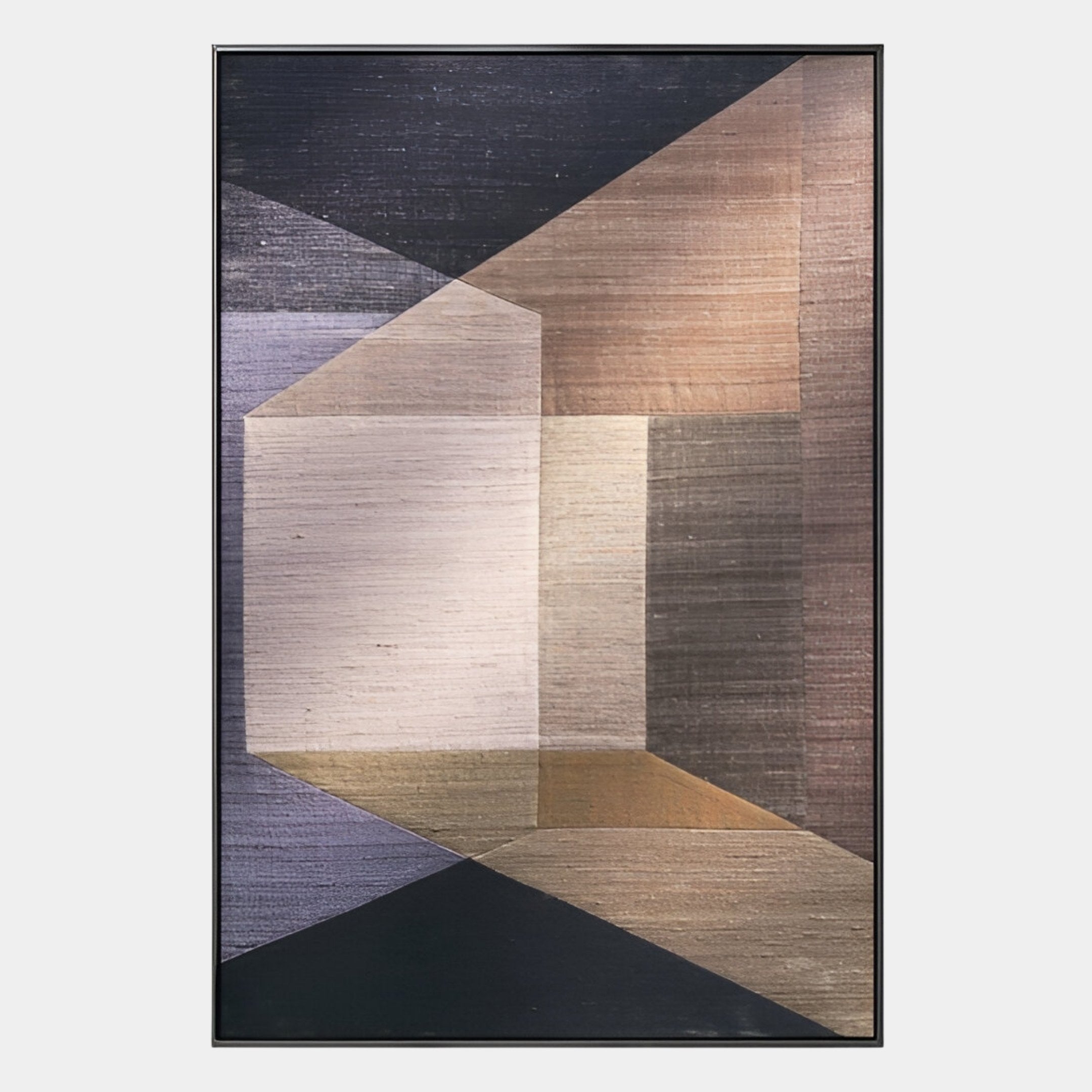 The Striatura Bronze & Charcoal Rope Abstract 3D Wall Art by Giant Sculptures features overlapping geometric shapes in muted tones, adding depth and a textured, brushed look—an elegant statement for modern interiors.
