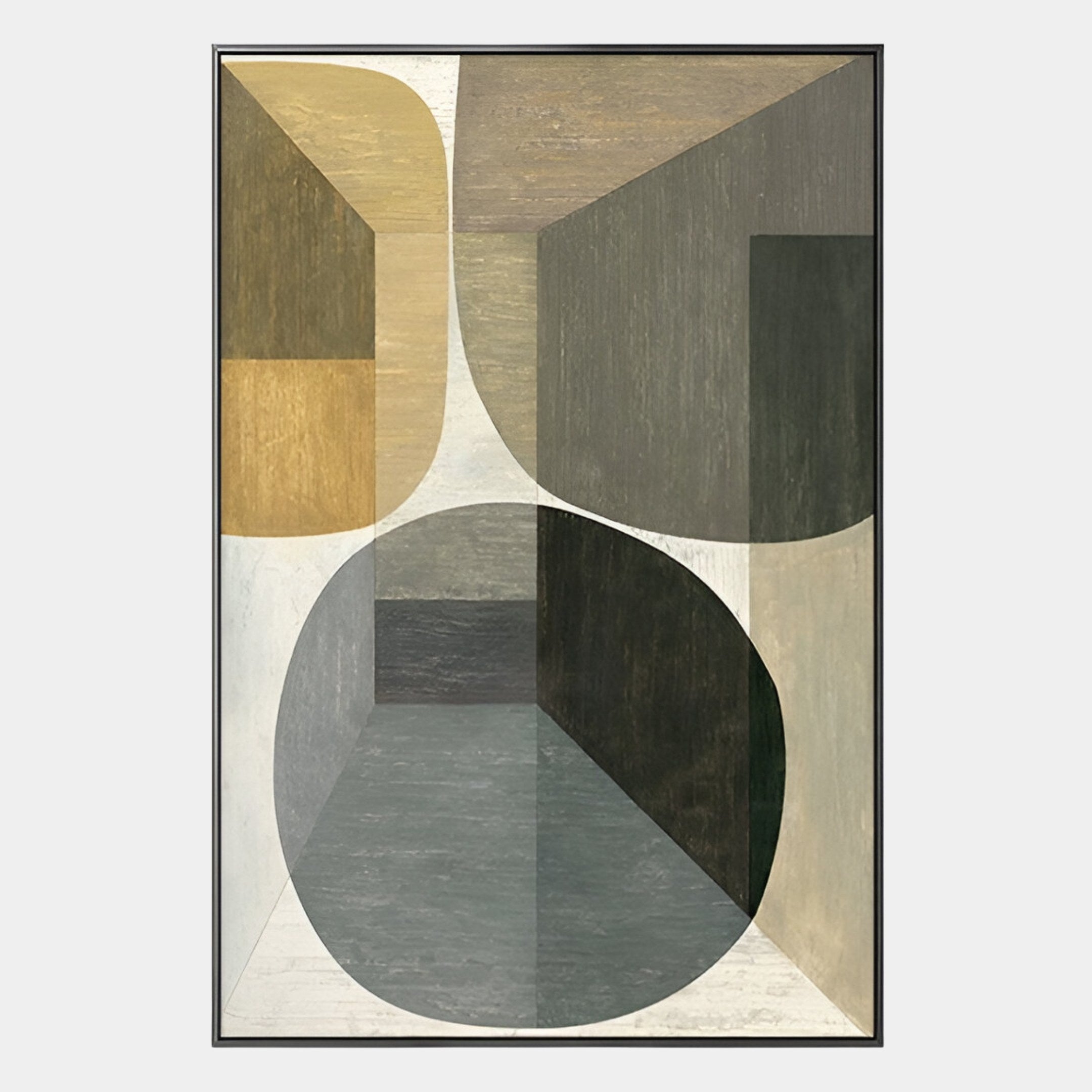 The Striatura Grey & Gold Rope Abstract 3D Wall Art by Giant Sculptures features overlapping geometric shapes in yellow, gray, green, and beige tones, with rectangular and circular forms adding depth and dimension.