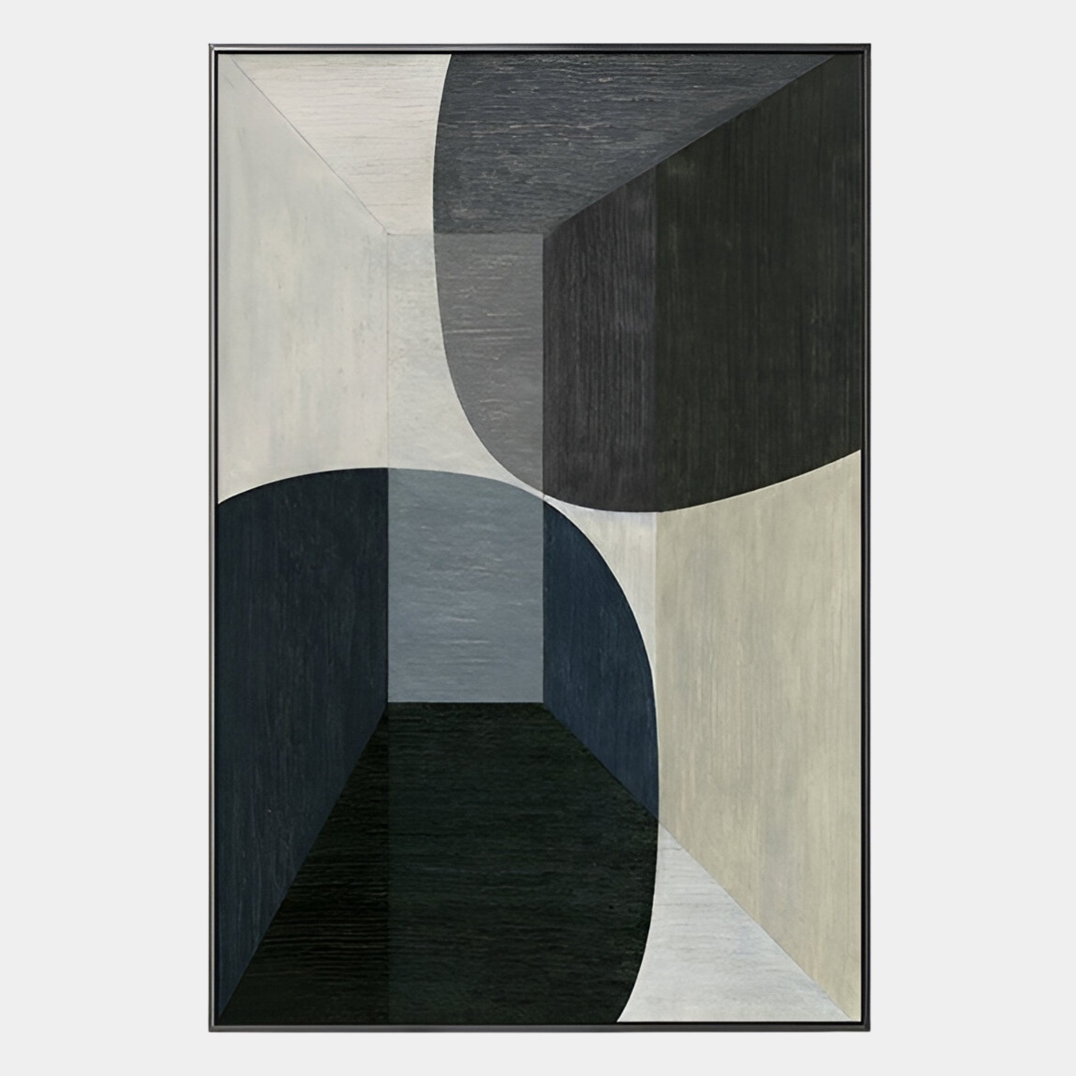 Striatura Black & Stone Grey Rope Abstract 3D Wall Art by Giant Sculptures features intersecting curved and straight lines in black, gray, and white, capturing modern sophistication with a dynamic, room-like geometric design.