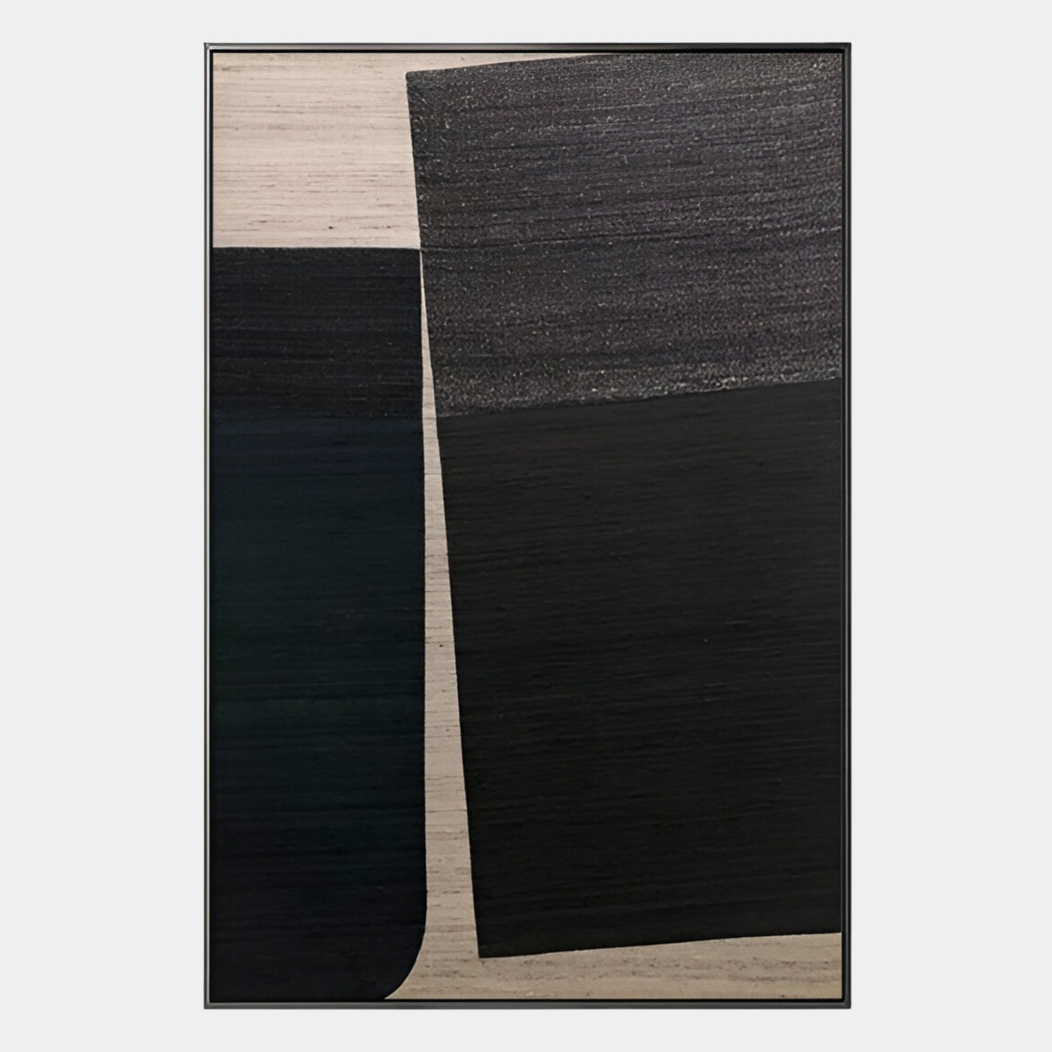 Striatura Black & Taupe Rope Abstract 3D Wall Art by Giant Sculptures features overlapping textured black and dark gray rectangles on a light beige background—a minimalist, modern piece perfect for contemporary decor.