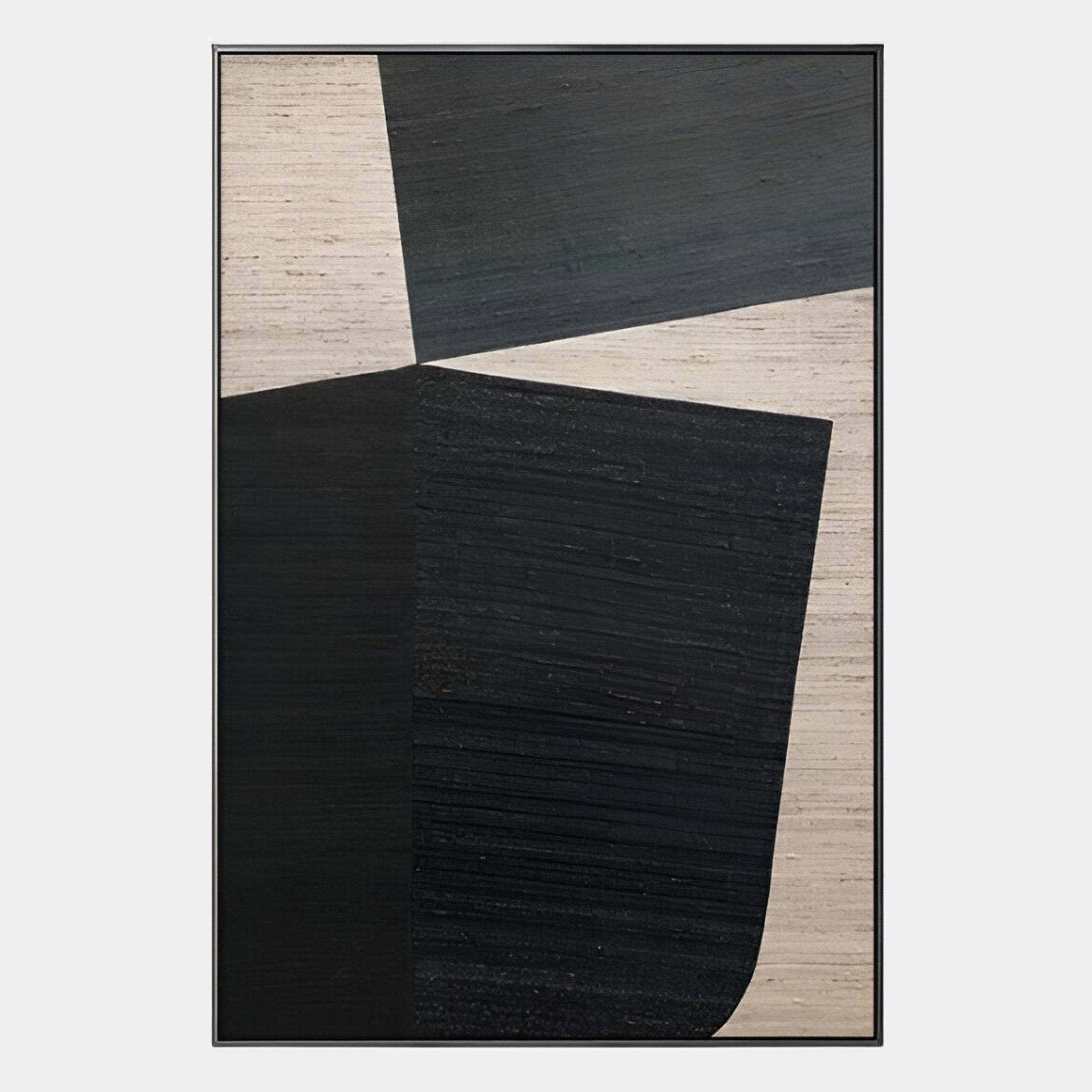 Striatura Slate Grey & Black Rope Abstract 3D Wall Art by Giant Sculptures features bold, textured black geometric shapes on a light beige background for a modern, minimalist look with strong contrast and clean lines.
