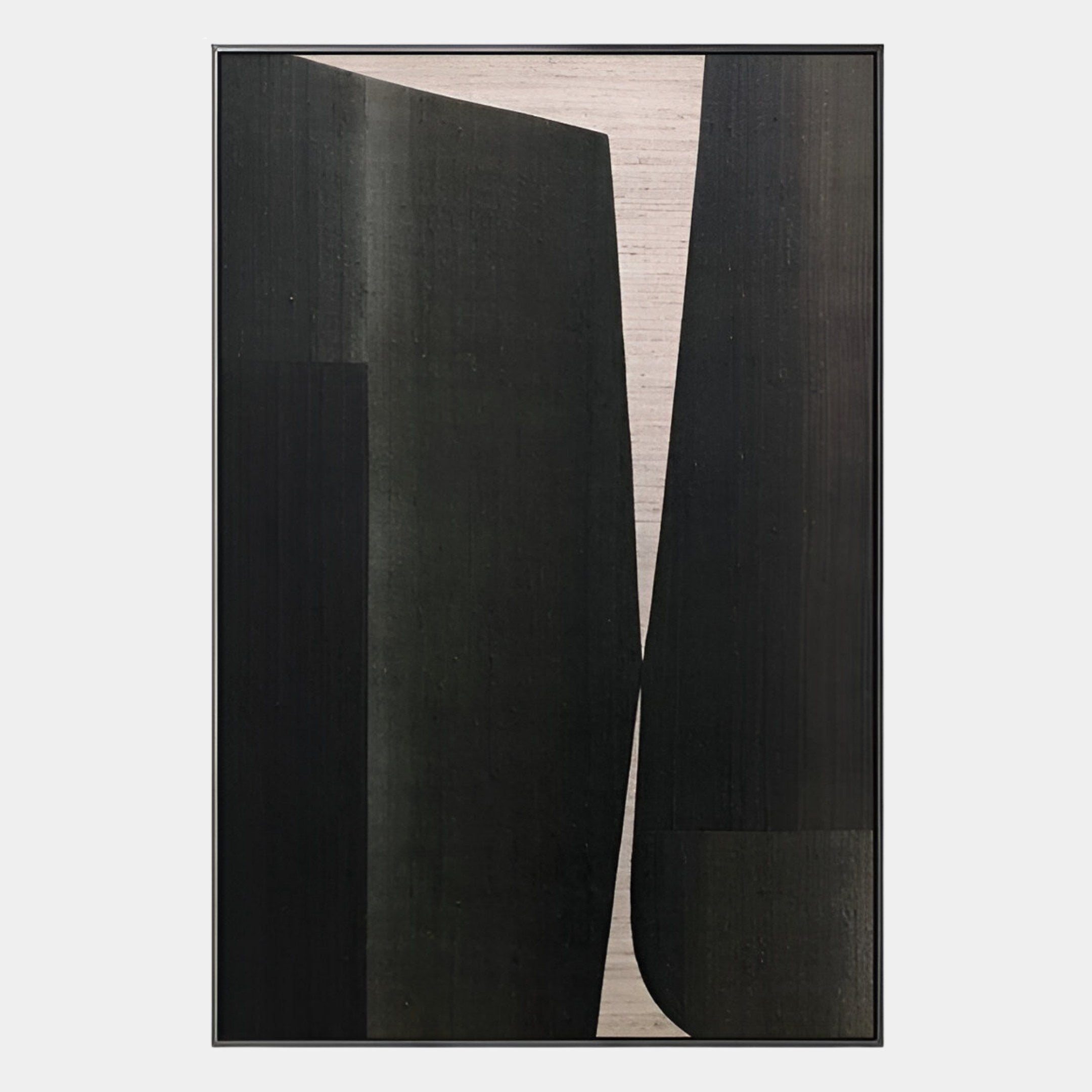 The Striatura Black & Taupe Divide Rope Abstract 3D Wall Art by Giant Sculptures features two large, curved, vertical shapes in black and taupe on a light backdrop, creating a bold visual gap for modern decor.