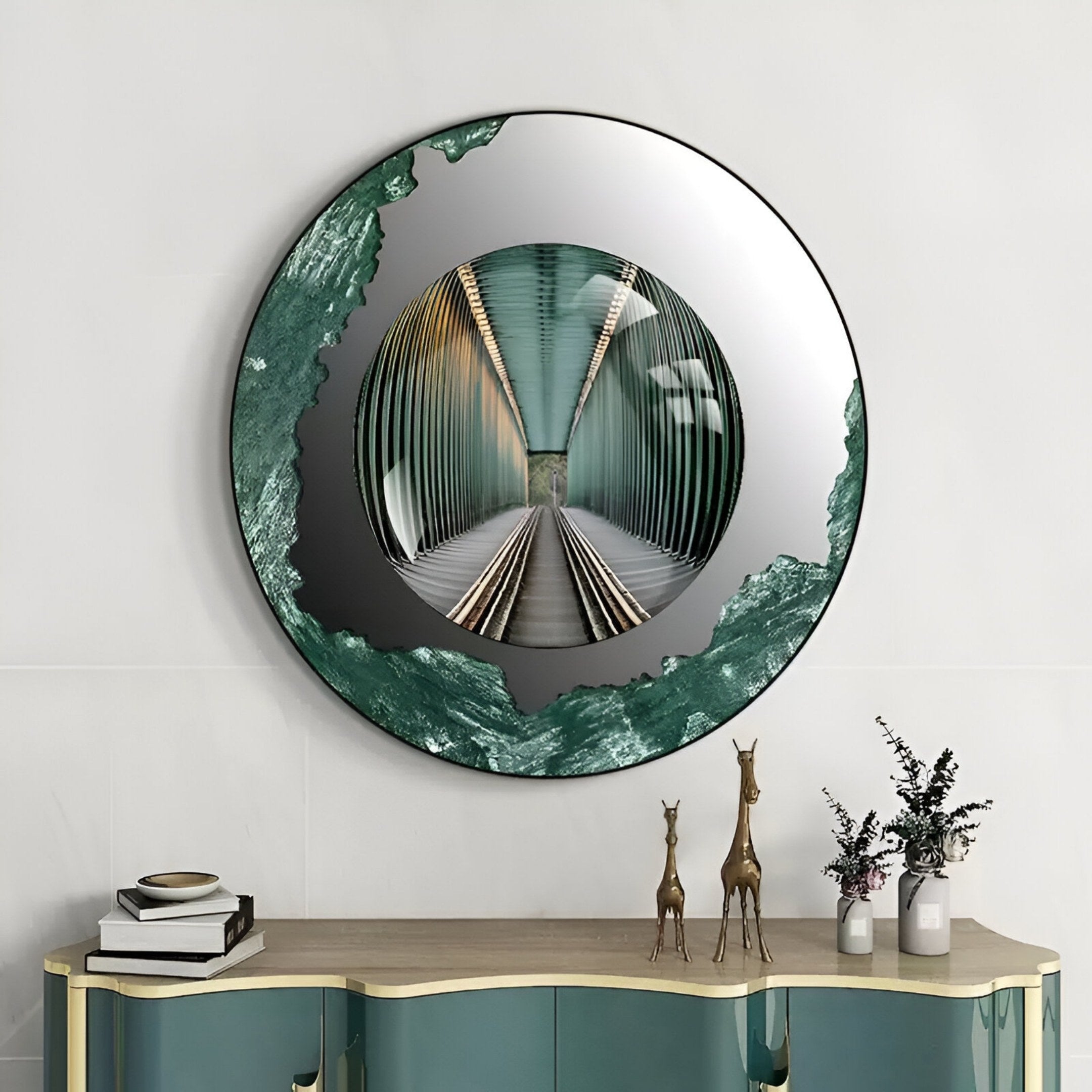 The Portara Green Bridge Illusion Round 3D Wall Art by Giant Sculptures features green and silver accents, reflecting a symmetrical hallway above a console table with books, brass giraffe figurines, and floral vases.