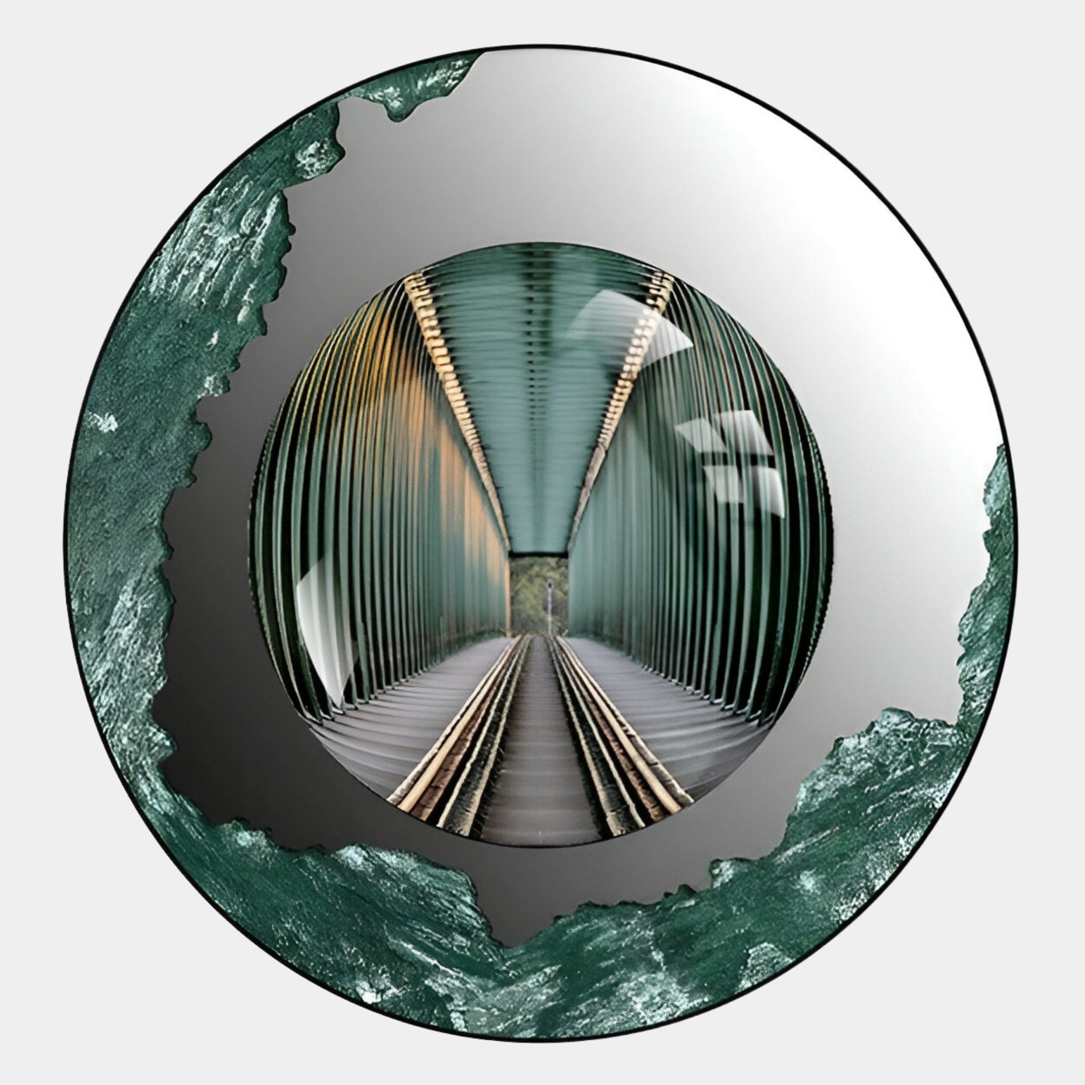The Portara Green Bridge Illusion Round 3D Wall Art by Giant Sculptures features a textured green frame encasing a tunnel with teal beams and rail tracks, adding depth and symmetry to any architectural wall decor.