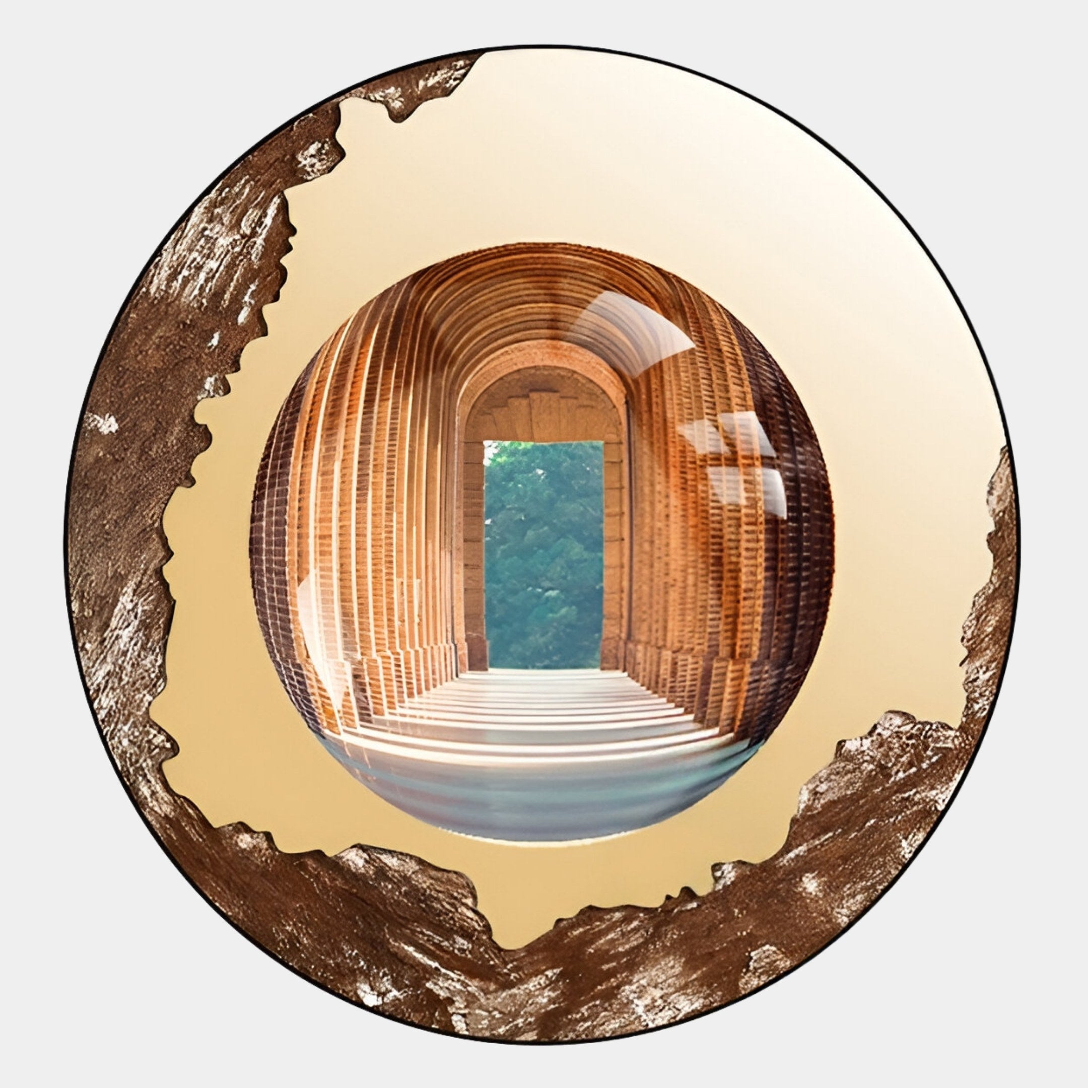 The Portara Bronze Passage Illusion Round 3D Wall Art by Giant Sculptures features a circular bronze archway of brown bricks seen through a glass sphere, set against a textured cream and brown background with greenery outside the door.