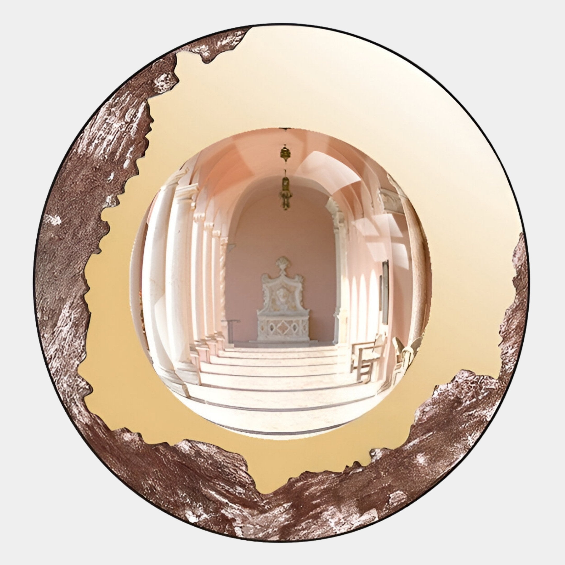 The Portara Rose Archway Illusion Round 3D Wall Art by Giant Sculptures features a metallic disc with an irregular edge, framing a view of a classical corridor lined with pink columns, arches, and a distant marble bench.