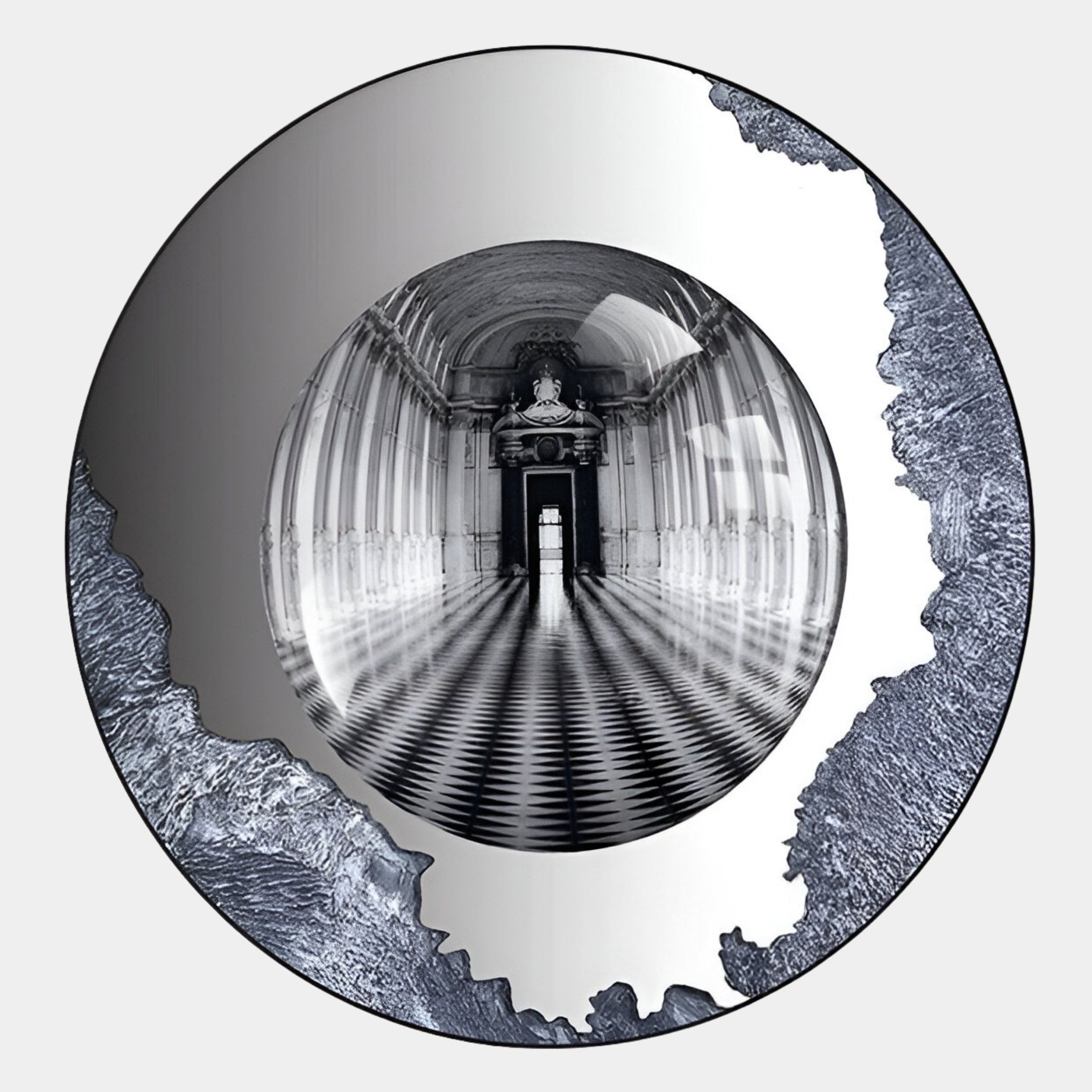 Portara Monochrome Hall Illusion Round 3D Wall Art by Giant Sculptures features a glass-like sphere reflecting a grand checkered hallway within silvery, textured frames, capturing stunning reflective architecture in monochrome.