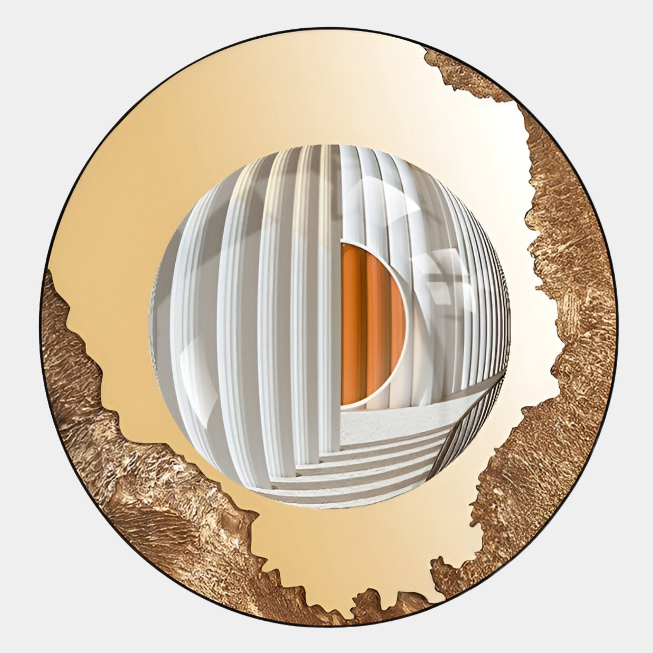 The Portara Bronze Dome Illusion Round 3D Wall Art by Giant Sculptures features a metallic gold border, textured brown edge, and a central 3D sphere with white stripes and an orange semi-circle—perfect for modern architectural wall decor.