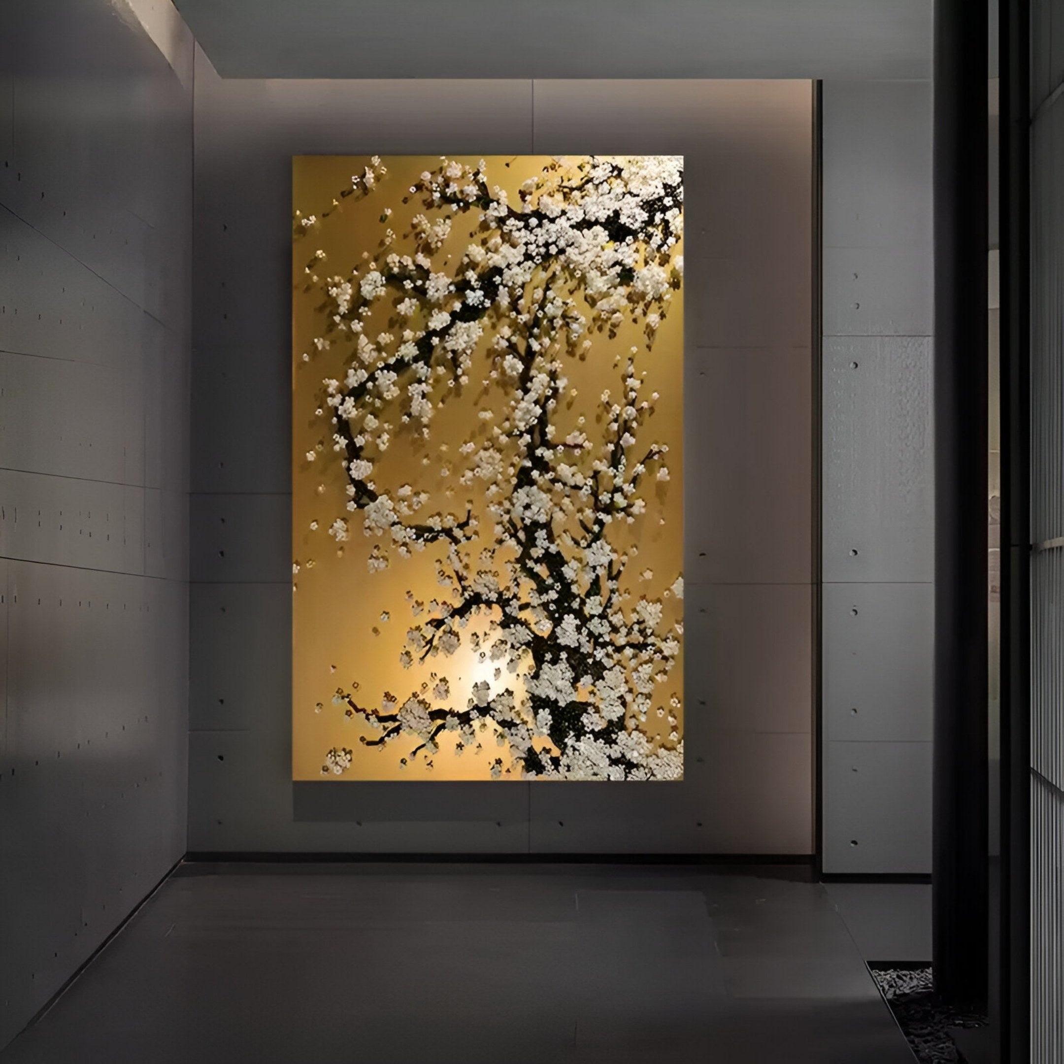 The Florivine Gold Blossom Tree Button 3D Wall Art by Giant Sculptures, featuring gold blossoms on a golden background, adds striking floral elegance to a modern gray wall in any minimalist hallway.