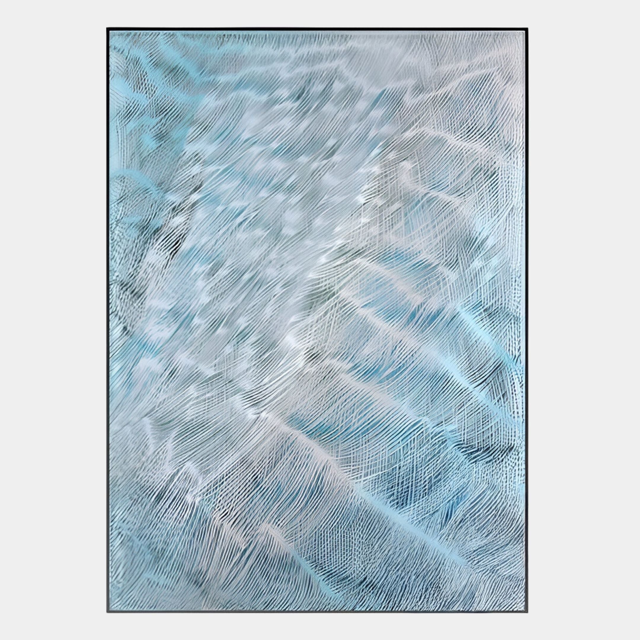 Aqualis Blue Ripple Textured Abstract 3D Wall Art by Giant Sculptures features light blue and white wave-like lines on a vertical canvas, adding depth and movement—an ideal choice for modern abstract wall decor.