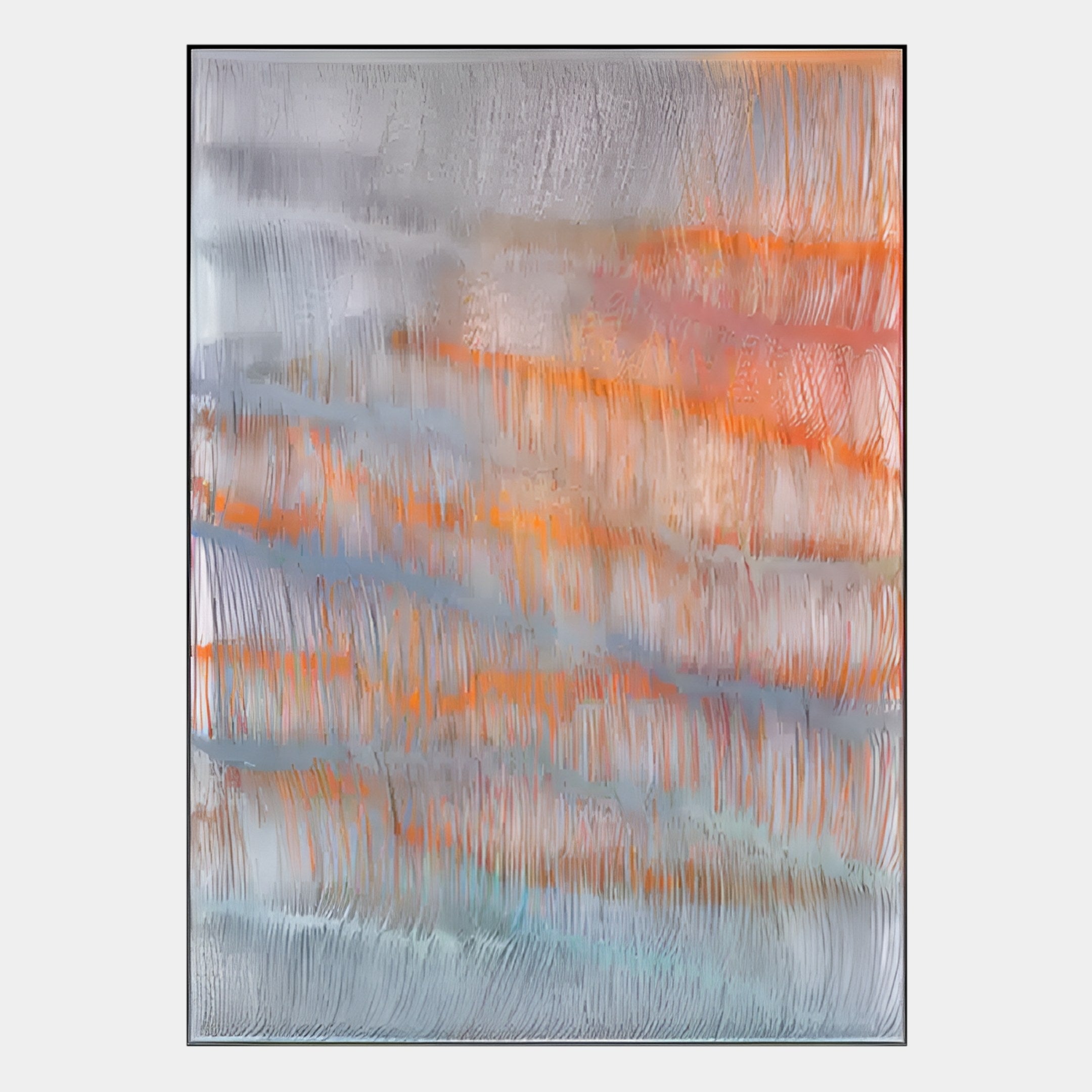The Giant Sculptures Aqualis Sunset Orange & Blue Textured Abstract 3D Wall Art features soft, flowing lines and a subtle gradient with horizontal streaks of gray, orange, blue, and white for a modern abstract look.