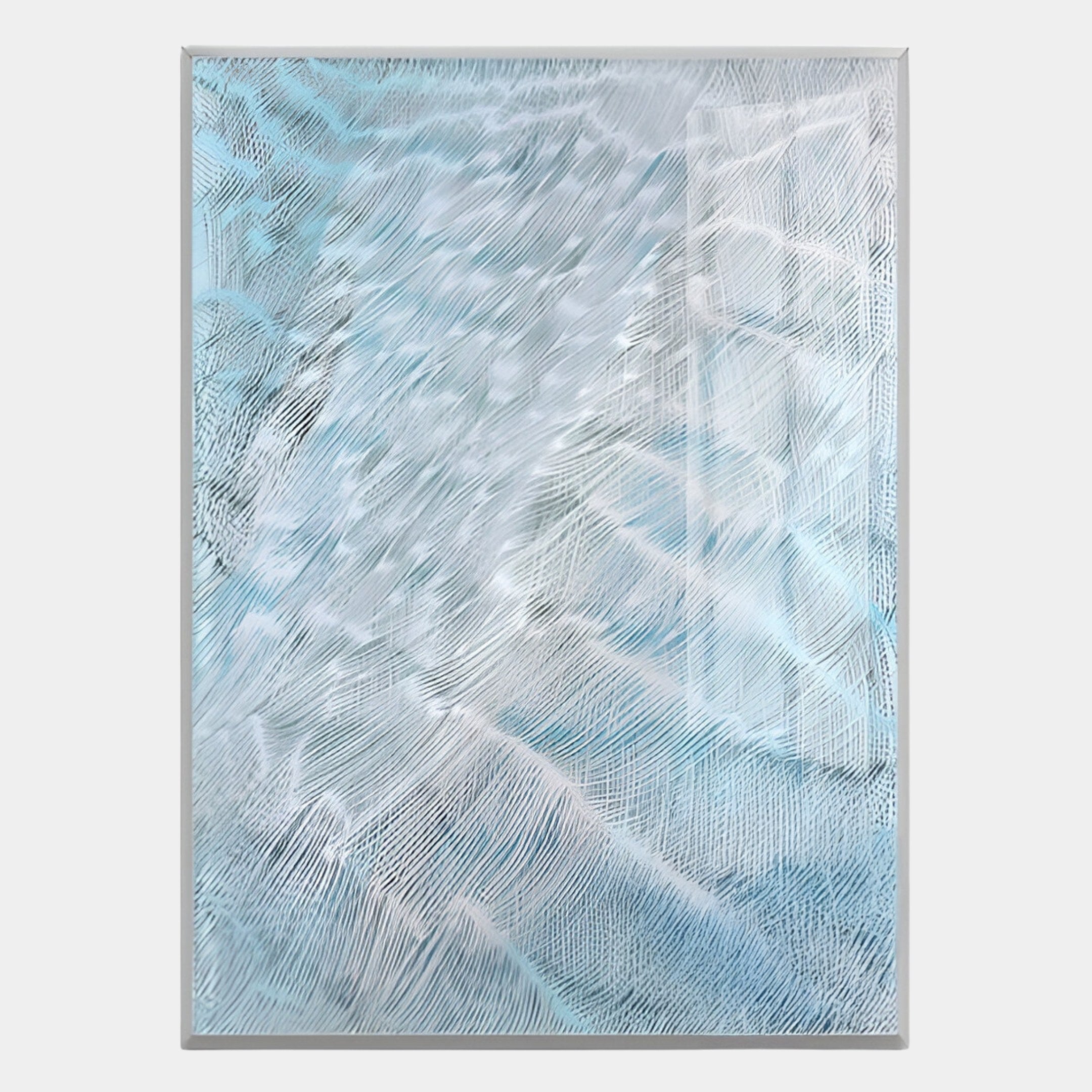 The Aqualis Blue Ripple Textured Abstract Acrylic 3D Wall Art by Giant Sculptures features wavy, light blue and white gradients that evoke water ripples, adding modern movement and depth to your space.