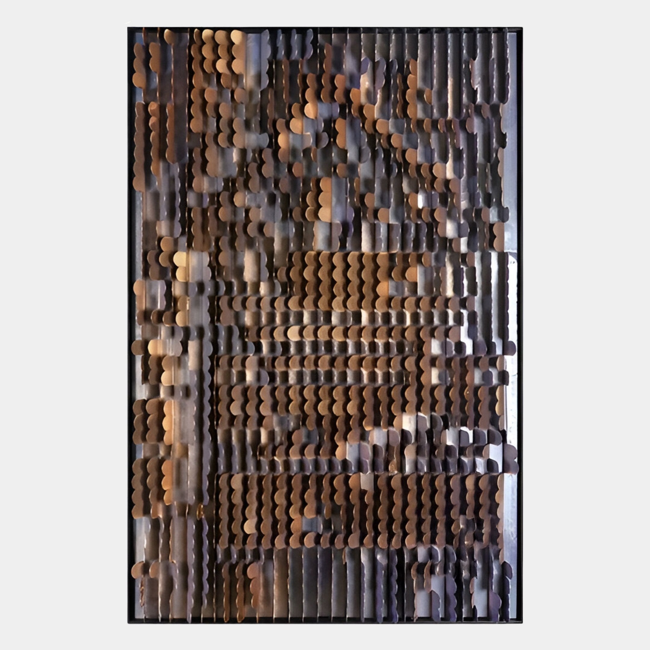 The Gradalis Copper Sculptural Metal 3D Wall Art by Giant Sculptures features overlapping bronze and black metallic pieces in a rectangular frame, creating a patterned, textured surface with reflective and shadowed effects.