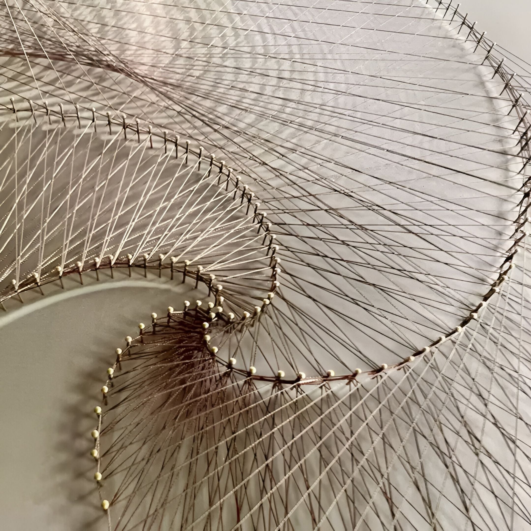 Close-up of Spiralis Natural String Abstract Lines Swirl 3D Wall Art by Giant Sculptures, featuring thin threads intricately wrapped around brass nails to create smooth, intersecting curves on a neutral backdrop.