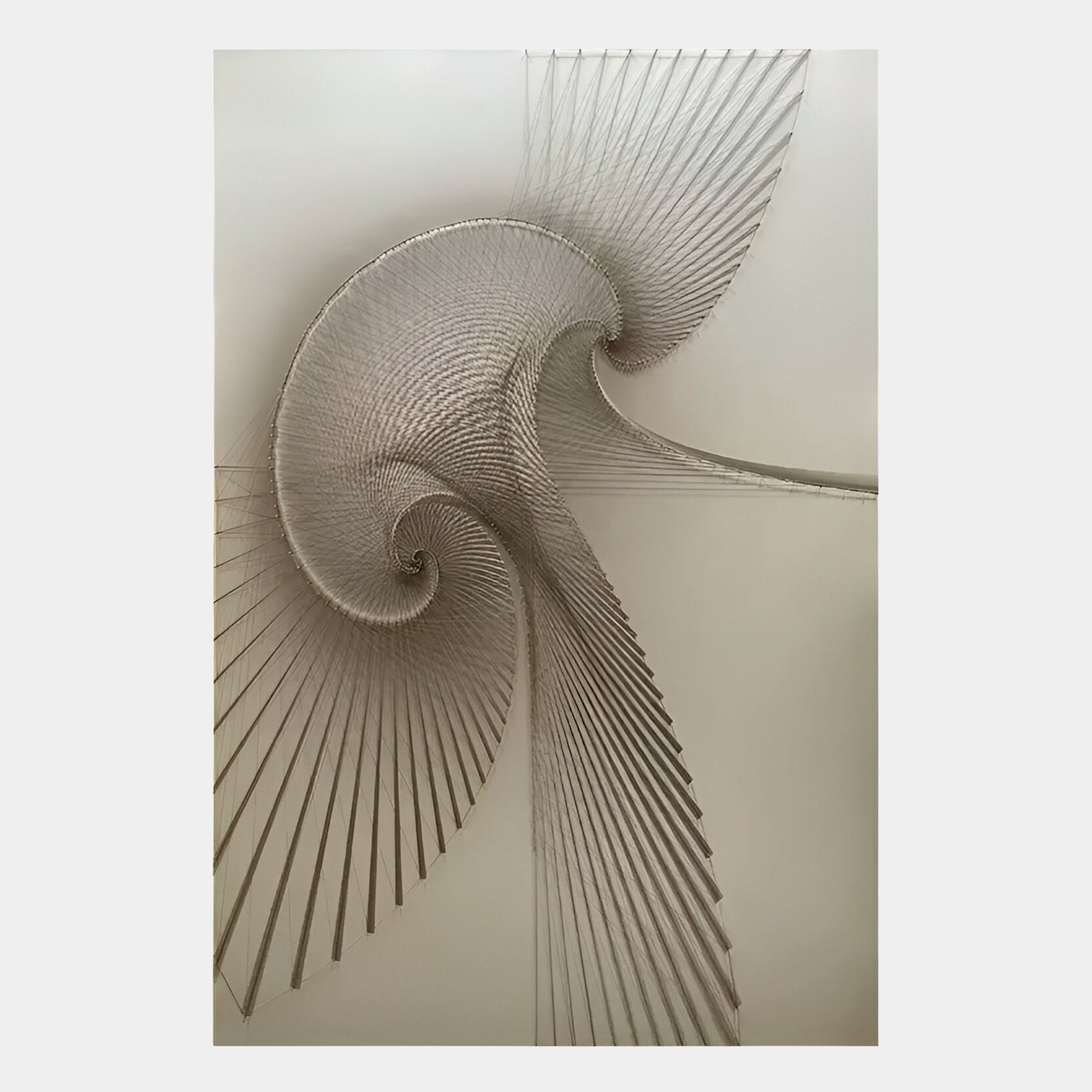 The Spiralis Natural String Abstract Lines Swirl 3D Wall Art by Giant Sculptures features curved, radiating lines in a spiral on a white background, creating motion and depth with its unique string art design.