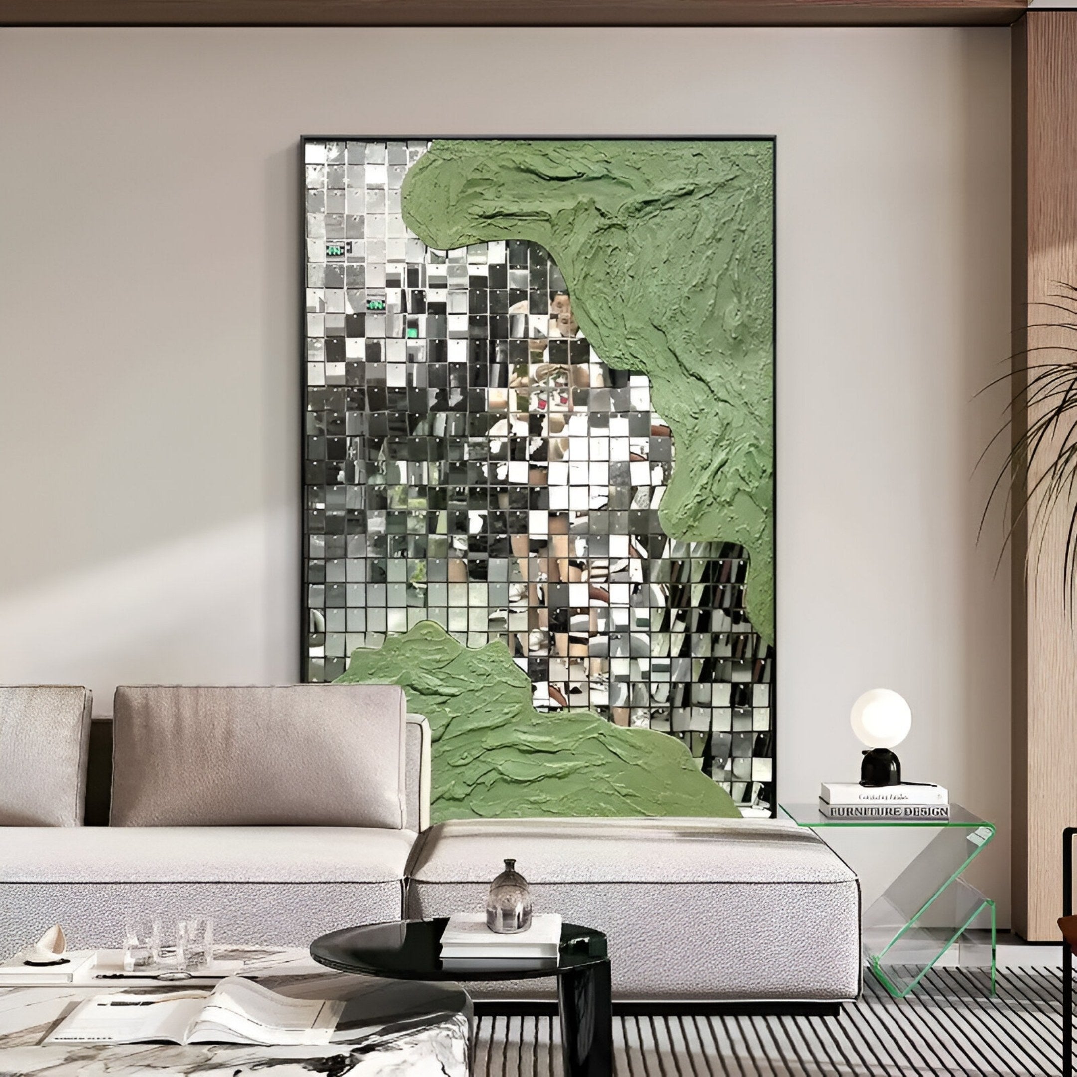 A modern living room with a beige sofa, a glass side table with a lamp and books, and Giant Sculptures’ Miravine Green Hand-Painted Acrylic Mirror 3D Wall Art featuring mirrored squares and green textured accents displayed behind the sofa.