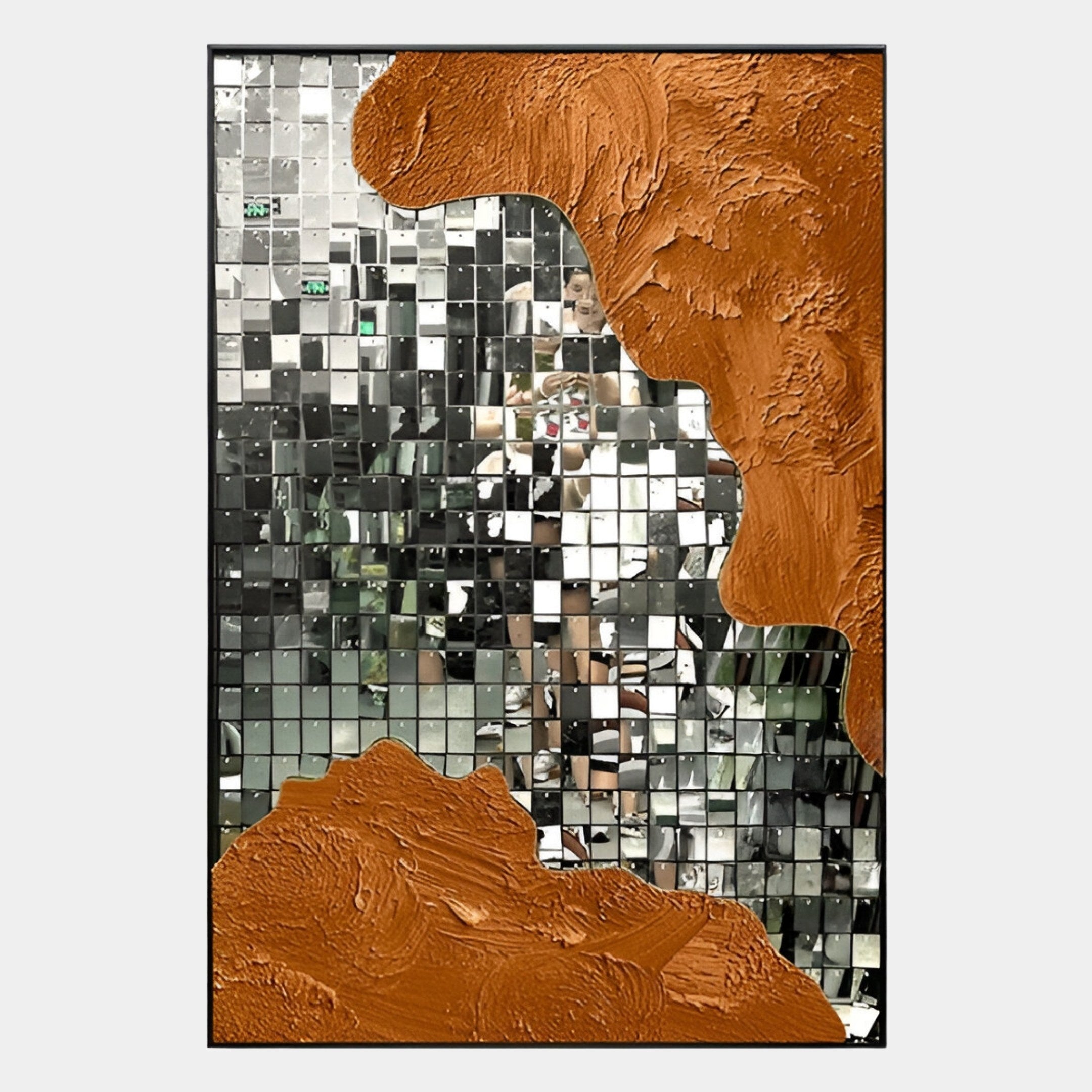 The Miravine Copper Hand-Painted Acrylic Mirror 3D Wall Art by Giant Sculptures features a mosaic of small mirrors with rust-colored paint splatters and a faint, fragmented reflection of a person at the center.