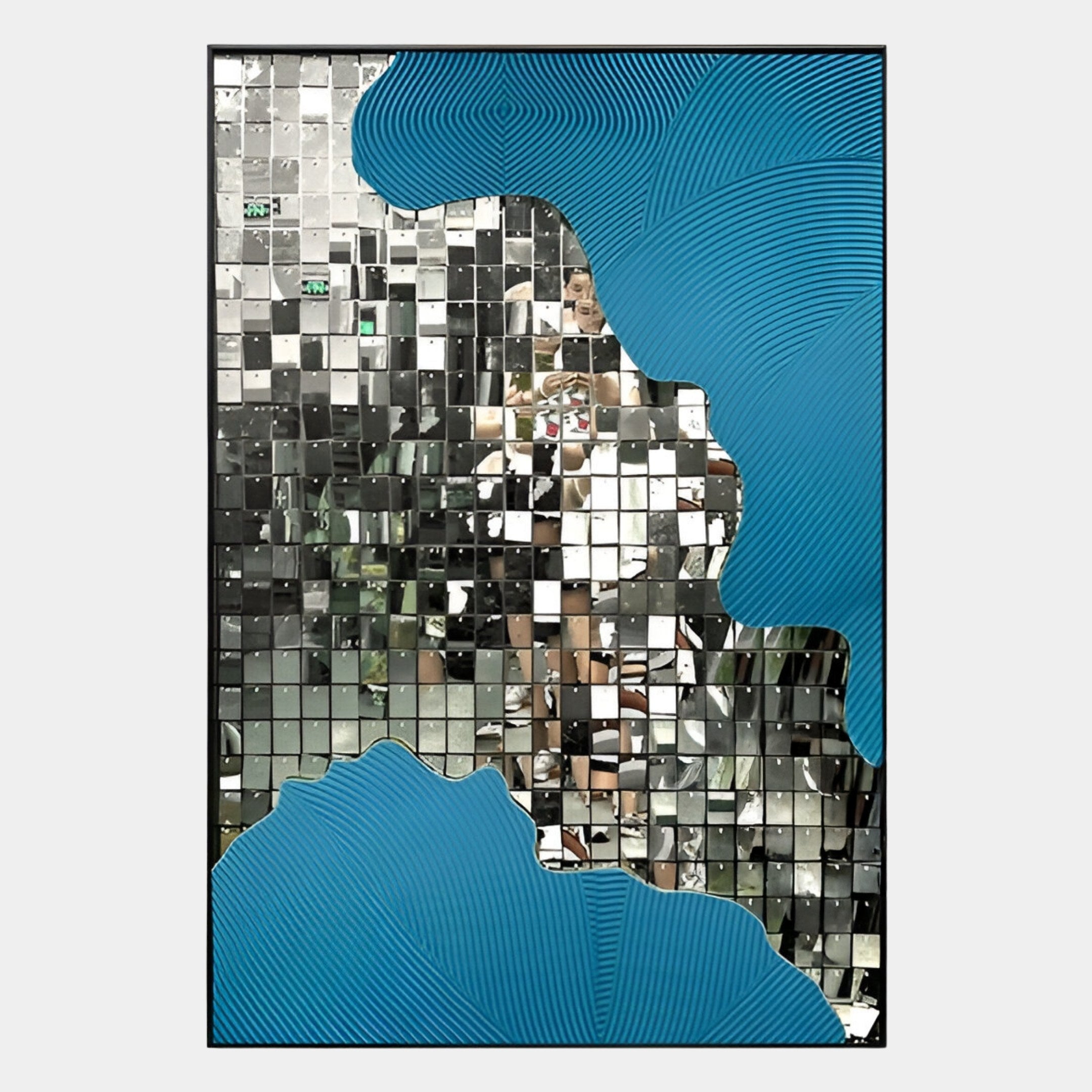 The Miravine Blue Hand-Painted Acrylic Mirror 3D Wall Art by Giant Sculptures features small square mirrors reflecting a photo-taker, while abstract blue textures frame the sides—an eye-catching piece of contemporary wall decor.