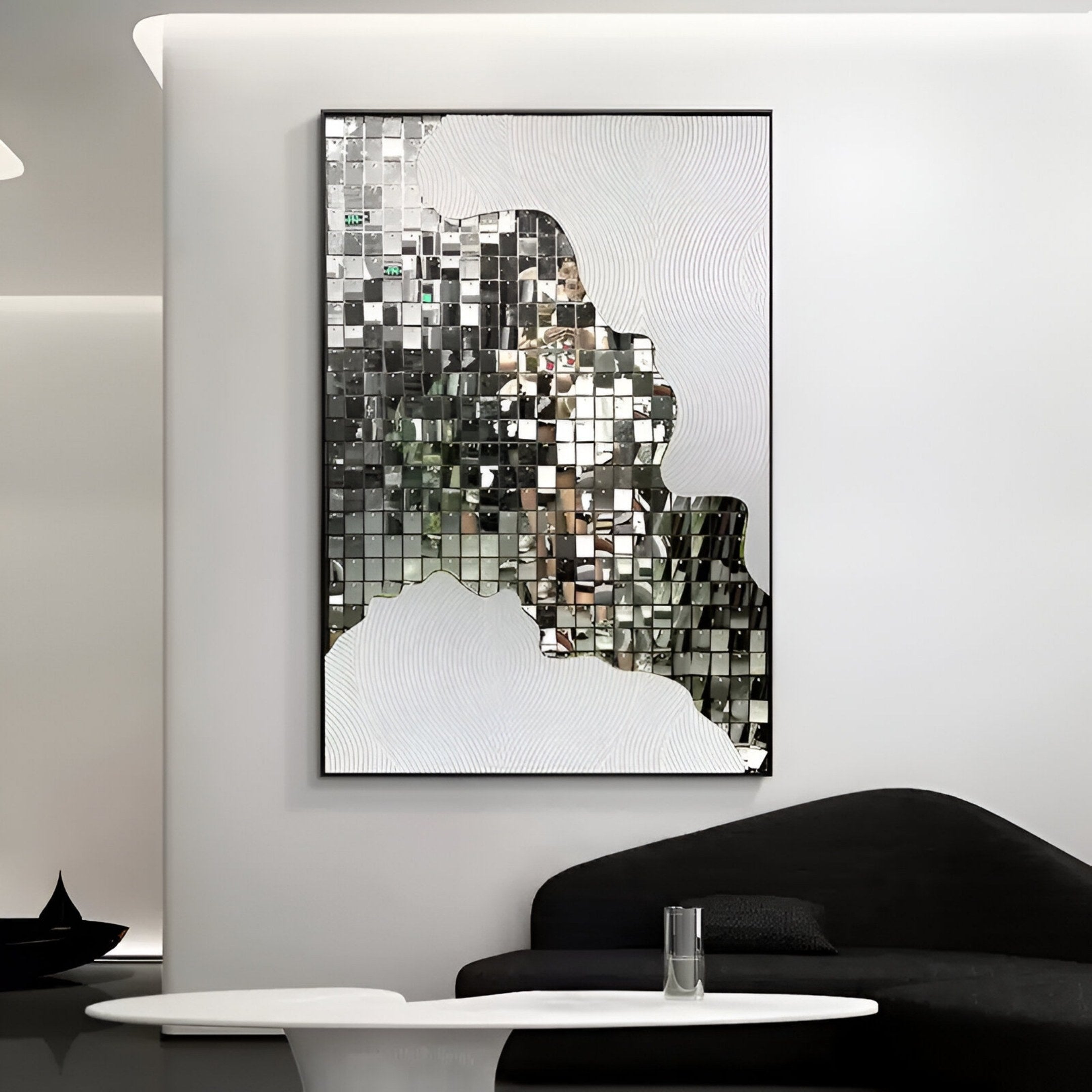 A modern living room showcases the Miravine White Hand-Painted Acrylic Mirror 3D Wall Art by Giant Sculptures, featuring mosaic-like squares and wavy patterns above a black sofa and a white round table with a glass.