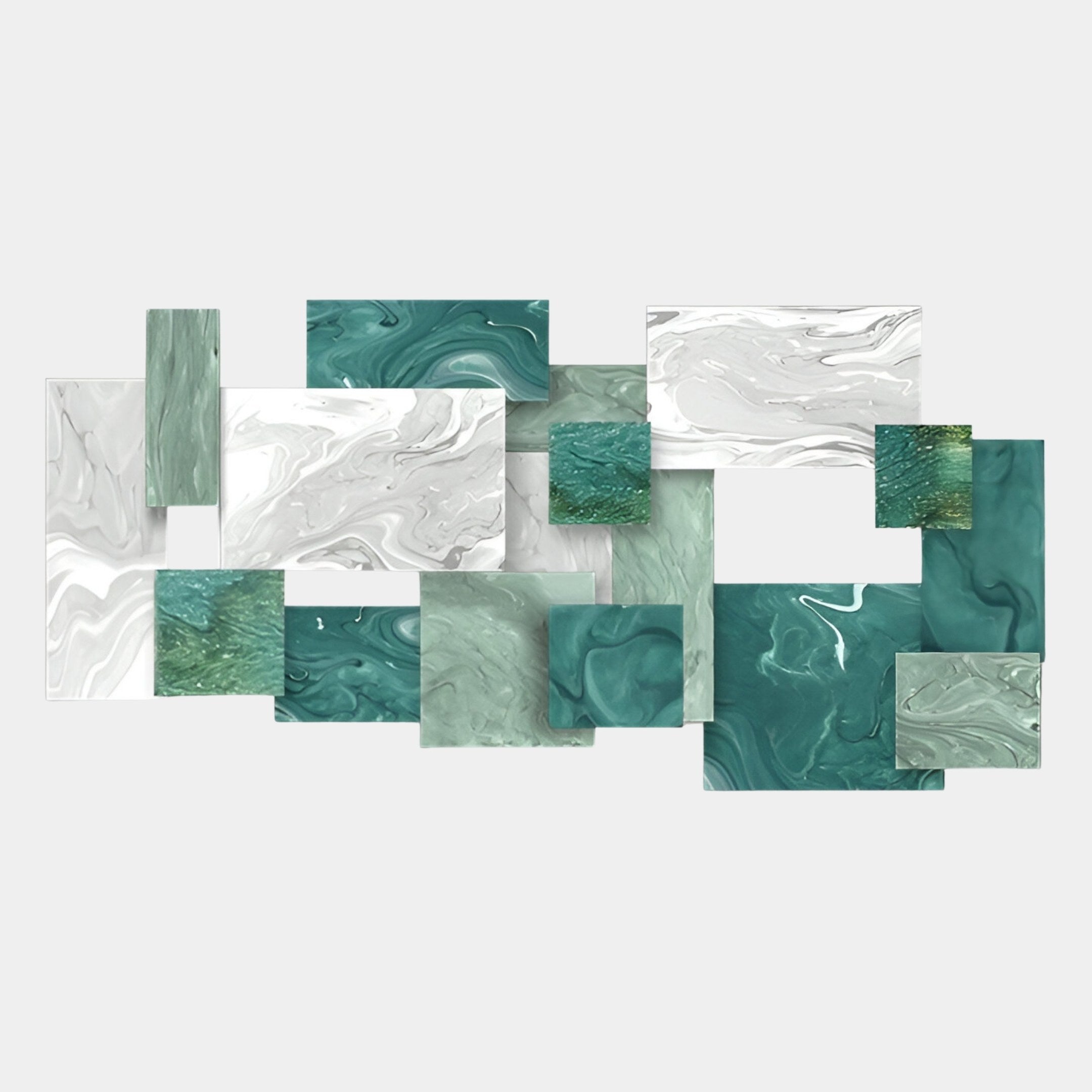 The Stravane II Green & White Mosaic Oil Canvas 3D Wall Art by Giant Sculptures features rectangular panels with marbled green, teal, and white patterns arranged abstractly on light gray—ideal for contemporary wall decor.