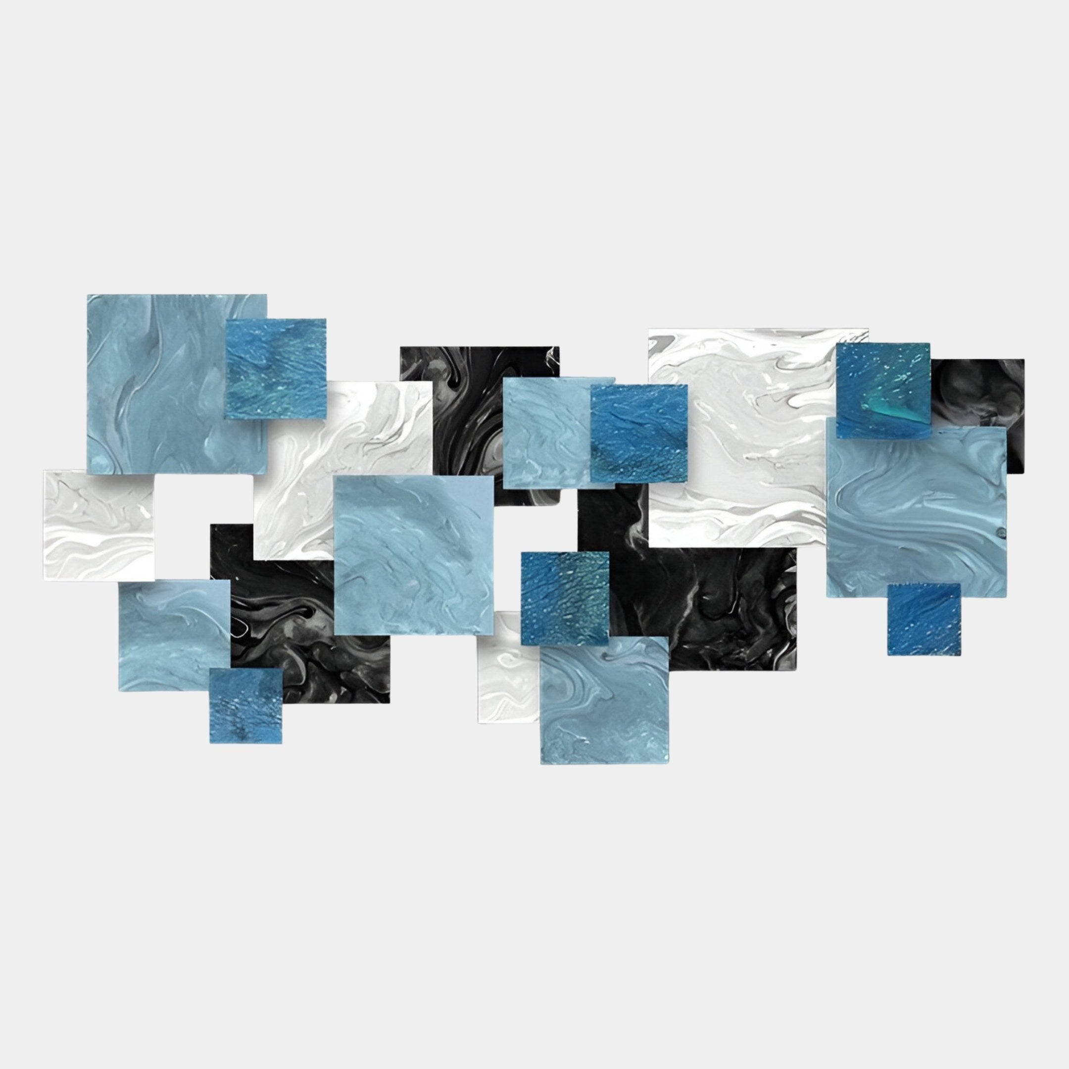 The Stravane Blue & Black Mosaic Oil Canvas 3D Wall Art by Giant Sculptures features blue, black, and white marble-textured squares in an abstract geometric pattern on light gray, creating striking wall decor.