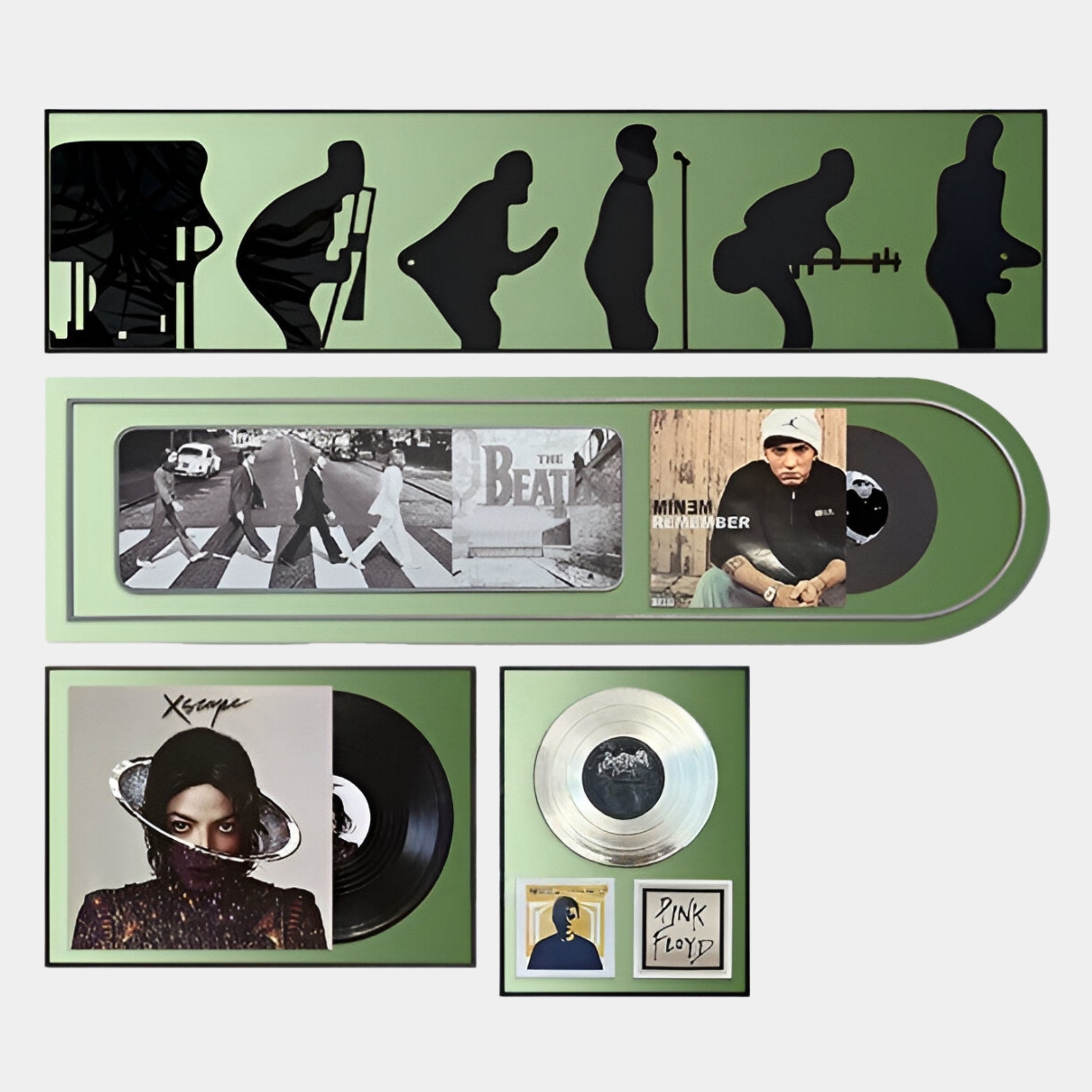 The Sonarta Green Multi-Panel Record & Silhouette Wall Art by Giant Sculptures is perfect music room decor for any fan’s collection.