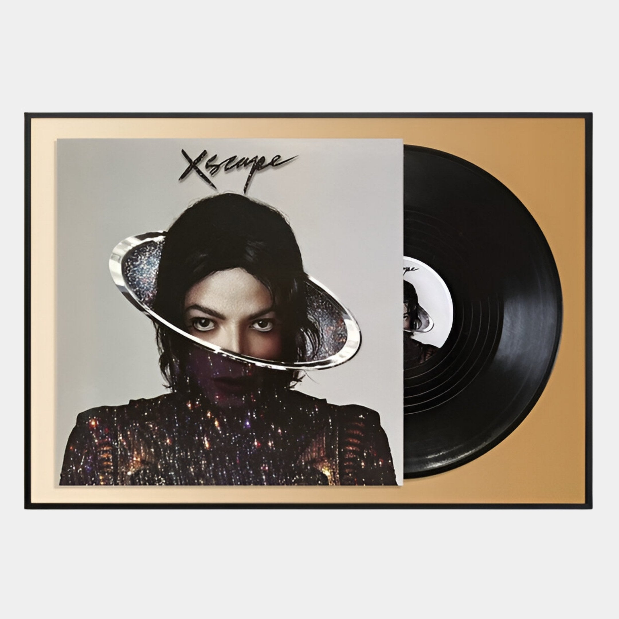 Sonarta Gold Michael Jackson Xscape Wall Art by Giant Sculptures features a vinyl record with gold cosmic ring artwork—ideal decor for music rooms or fans of the Xscape album.