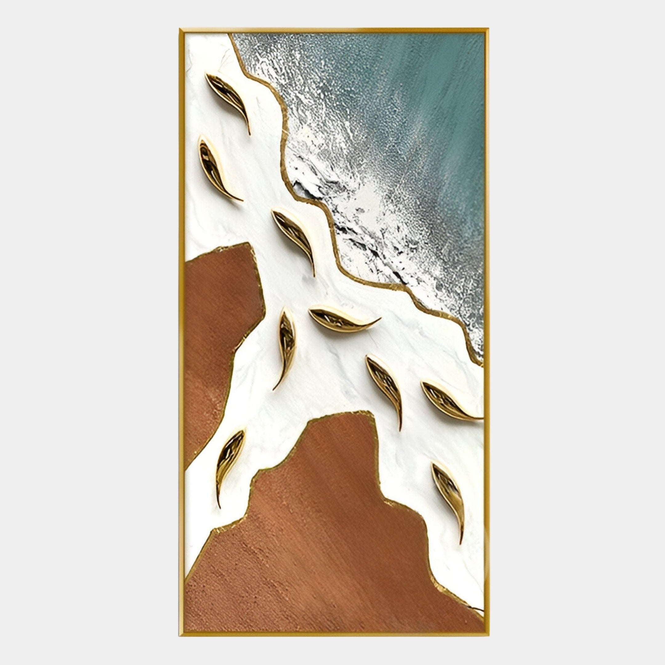 Pisaro Gold Fish Ocean Edge & White Oil Canvas 3D Wall Art by Giant Sculptures features a stylized aerial coastline with blue-green water, sandy shore, and boats. Framed in gold, it adds striking modern coastal decor to any room.