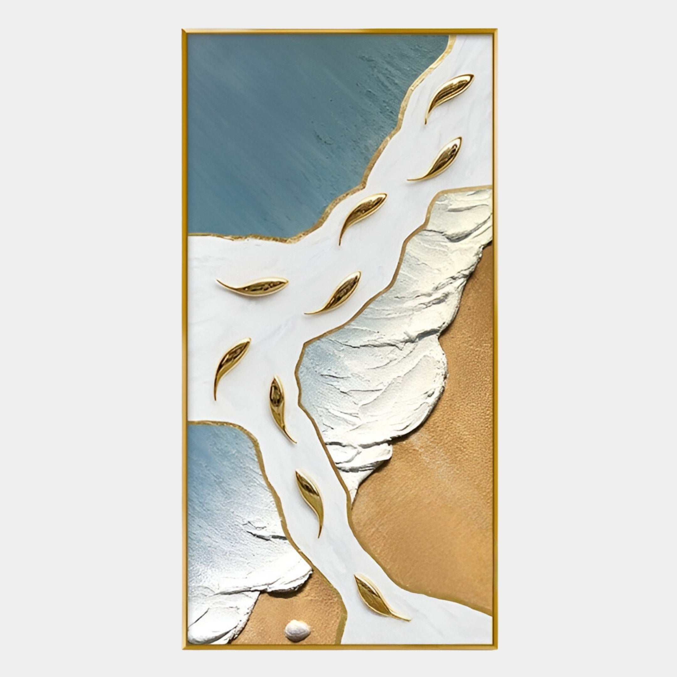 The Pisaro Gold Fish Blue Shore & White Oil Canvas 3D Wall Art by Giant Sculptures features textured blue, white, and gold areas with gold leaf-like fish shapes flowing across the center, framed in a thin gold border.
