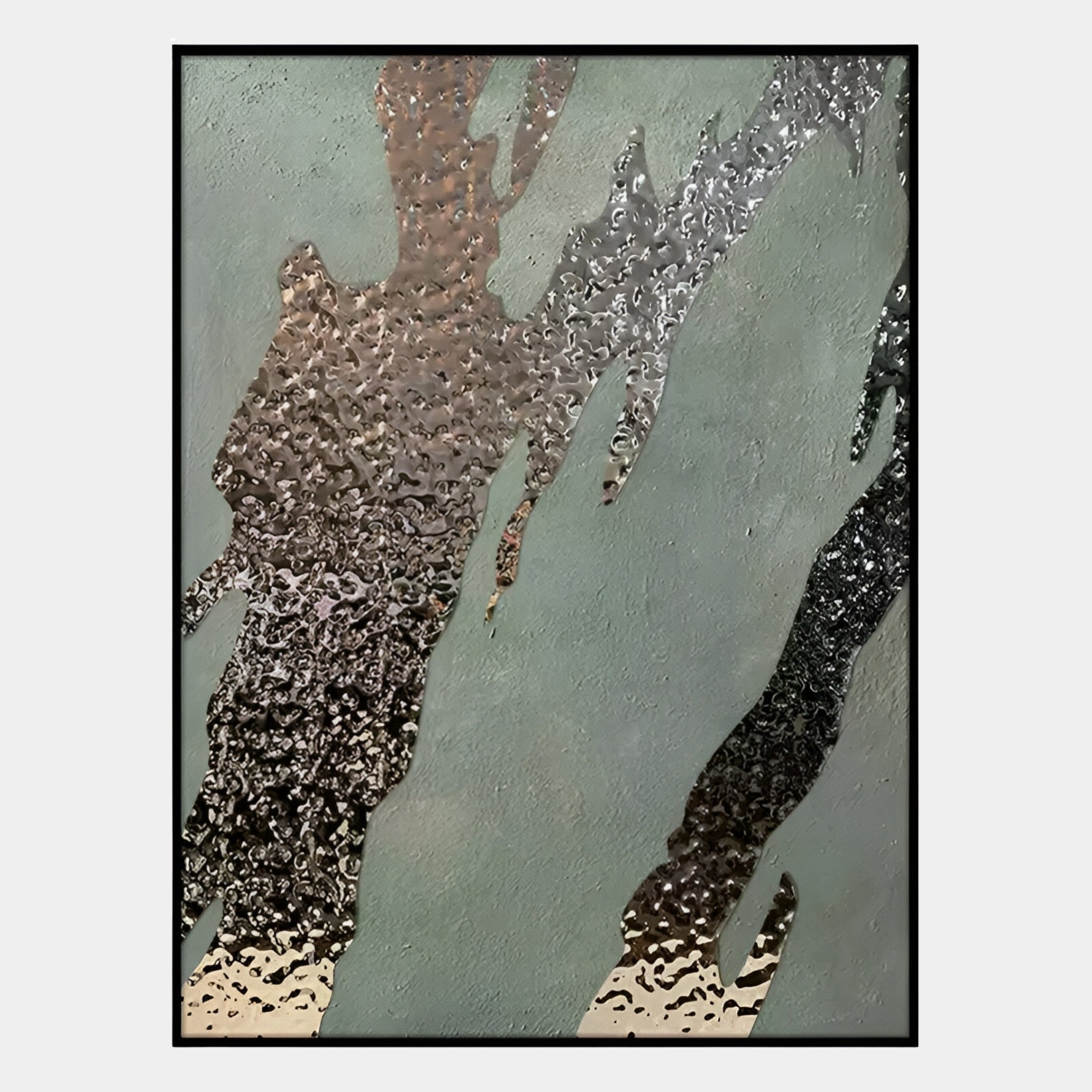 The Metallura Green & Silver Metallic Flow Abstract 3D Wall Art by Giant Sculptures features textured silver and dark gray waves on a muted green background, with bumpy, reflective metallic surfaces for striking modern decor.