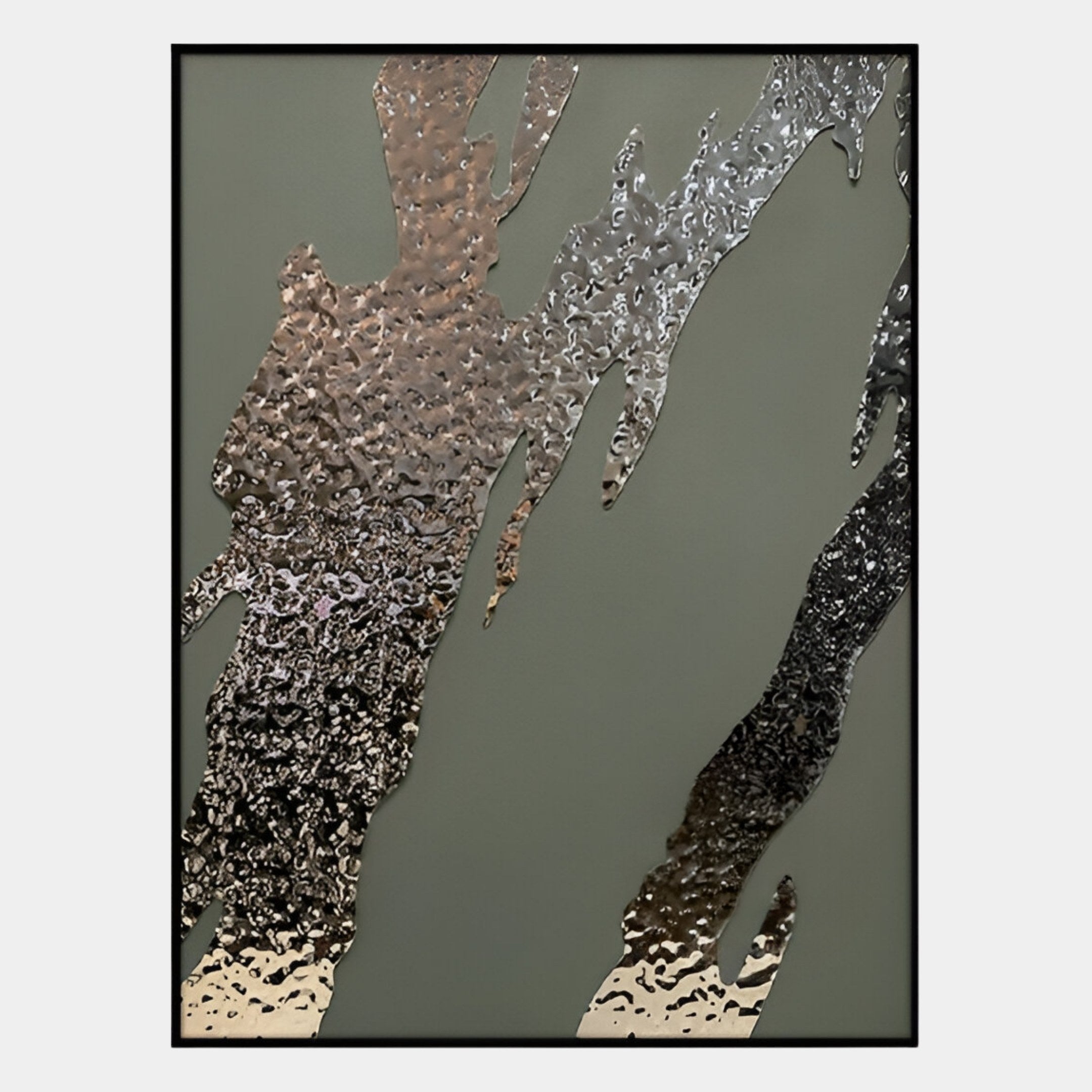 The Metallura Olive Green Metallic Flow Abstract 3D Wall Art by Giant Sculptures features textured metallic streaks over an olive green-gray backdrop, with raised reflective lines for eye-catching contrast and depth.