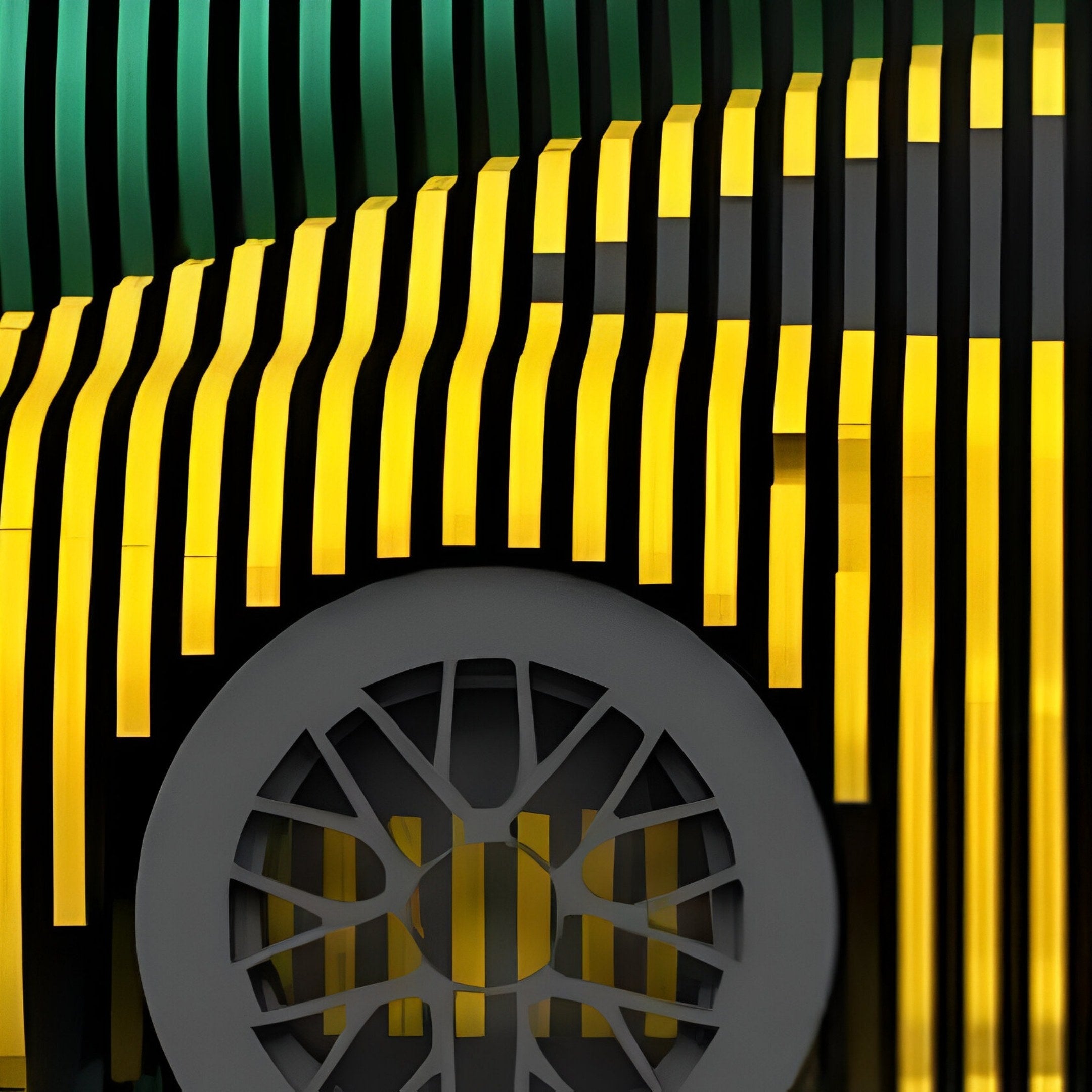 The Velocedra Yellow Sportscar 3D Relief Wall Art by Giant Sculptures features vertical yellow and green slats curving over a textured gray circle, evoking a stylized wheel and fender—ideal motion-inspired decor for dynamic spaces.