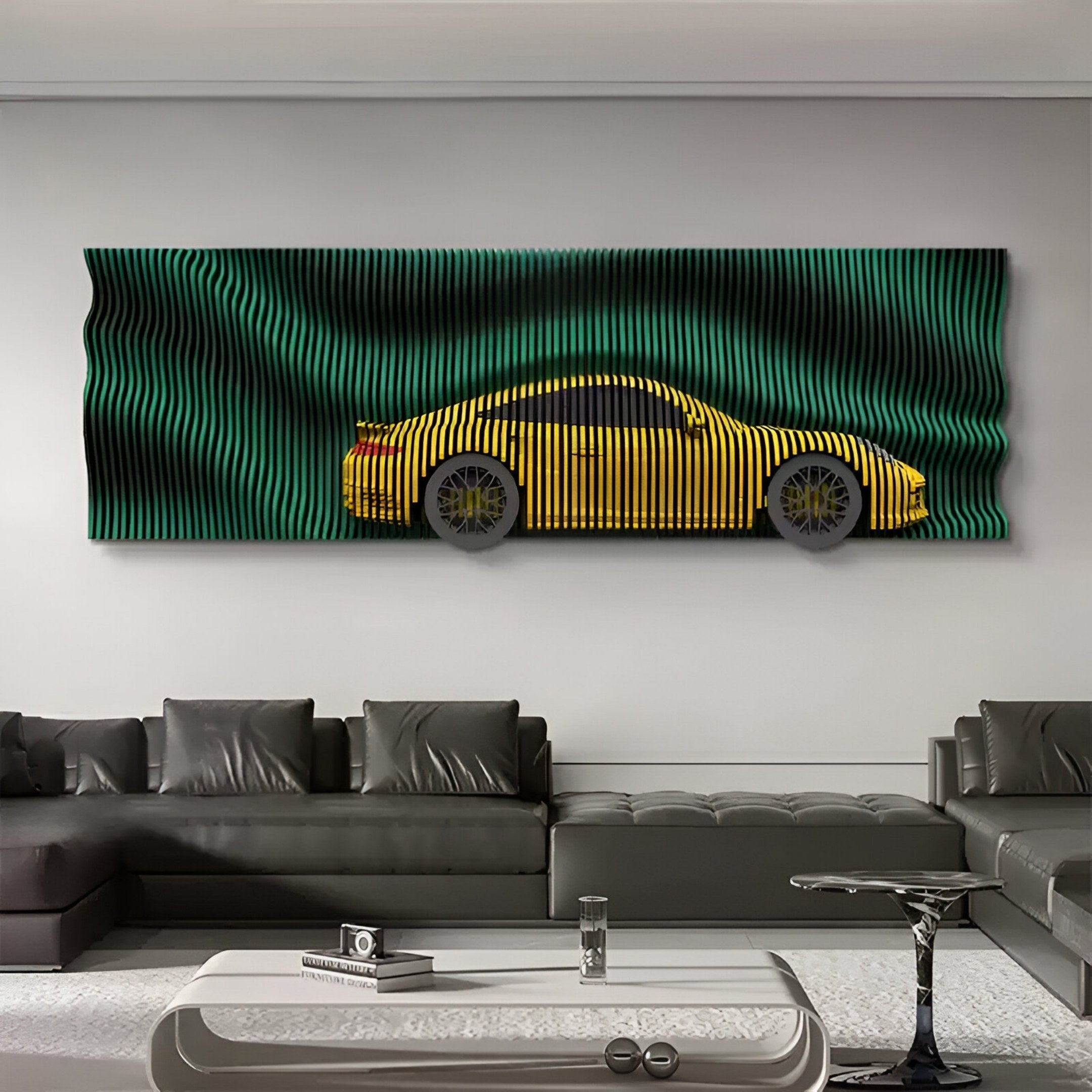 A modern living room with black leather sofas and a coffee table showcases Giant Sculptures’ Velocedra Yellow Sportscar 3D Relief Wall Art, set on a wavy green and black background, infusing dynamic energy into the stylish space.