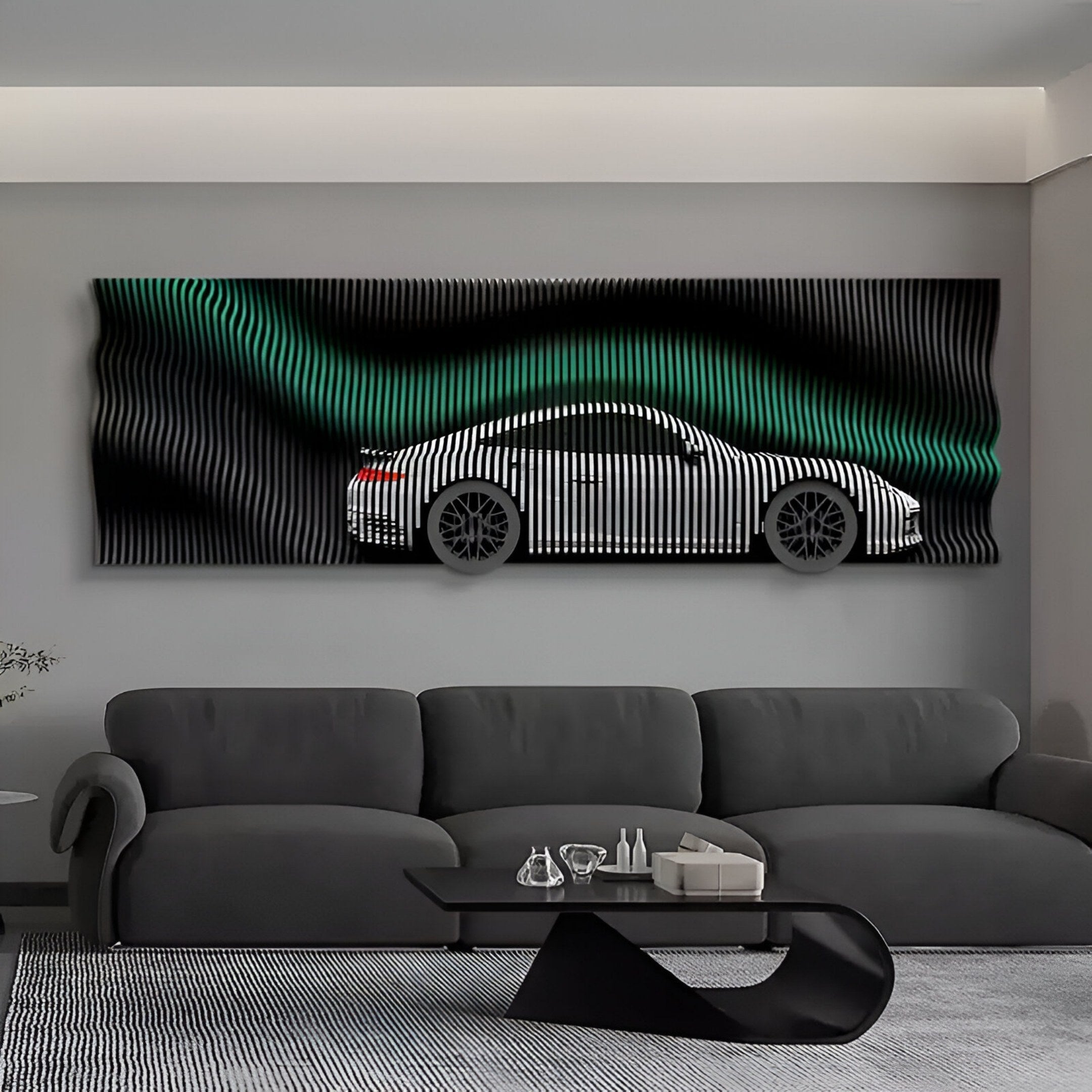 A modern living room features a dark sofa and coffee table. Above, Giant Sculptures' Velocedra Green Gradient Silver Sportscar 3D Relief Wall Art displays a white car with black rims, wavy black lines, and bold green highlights.
